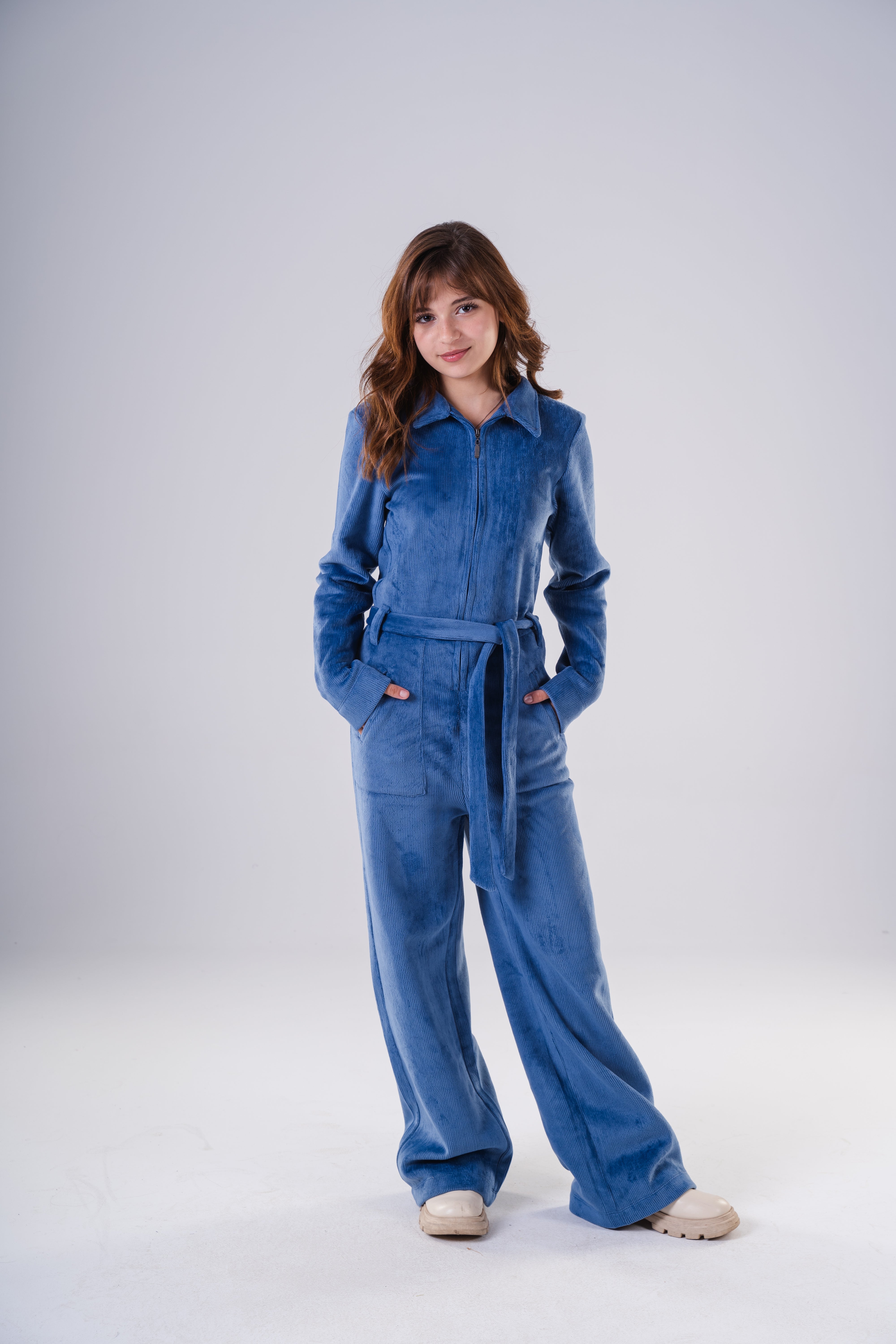 Girls High-Texture Corduroy Long Sleeve Jumpsuit