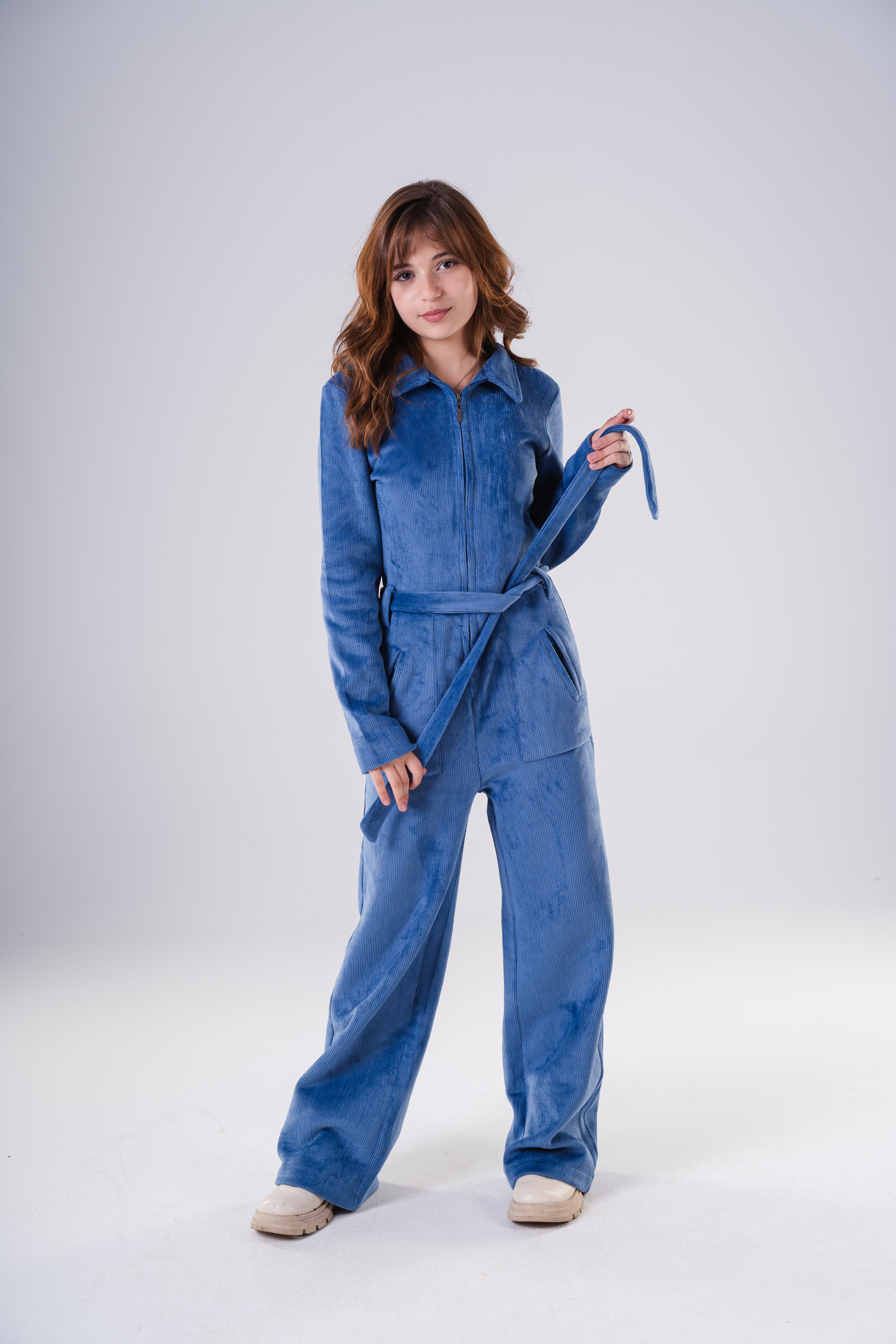 Girls High-Texture Corduroy Long Sleeve Jumpsuit