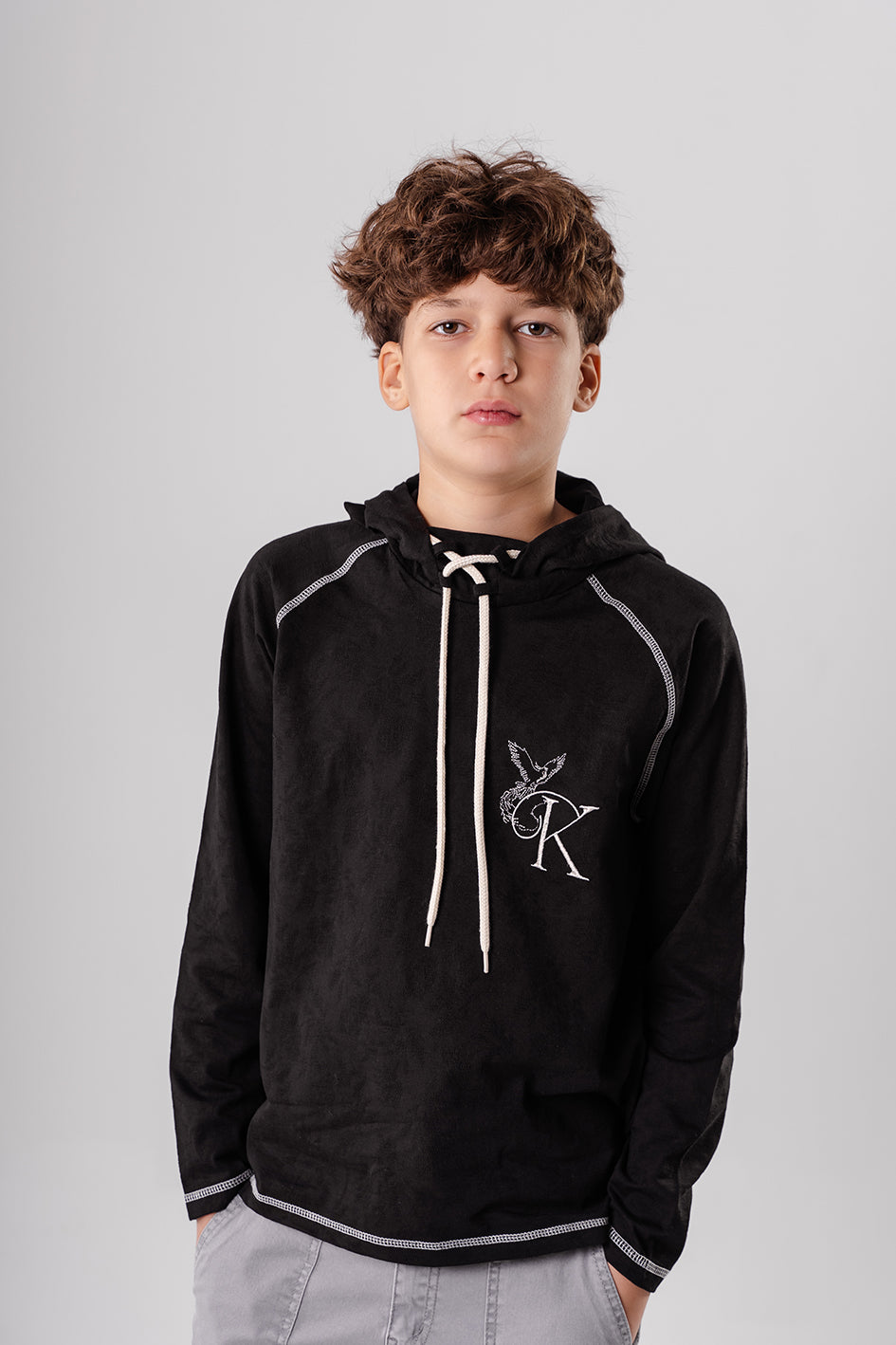 Boys Black Hooded Sweatshirt With Embroidery