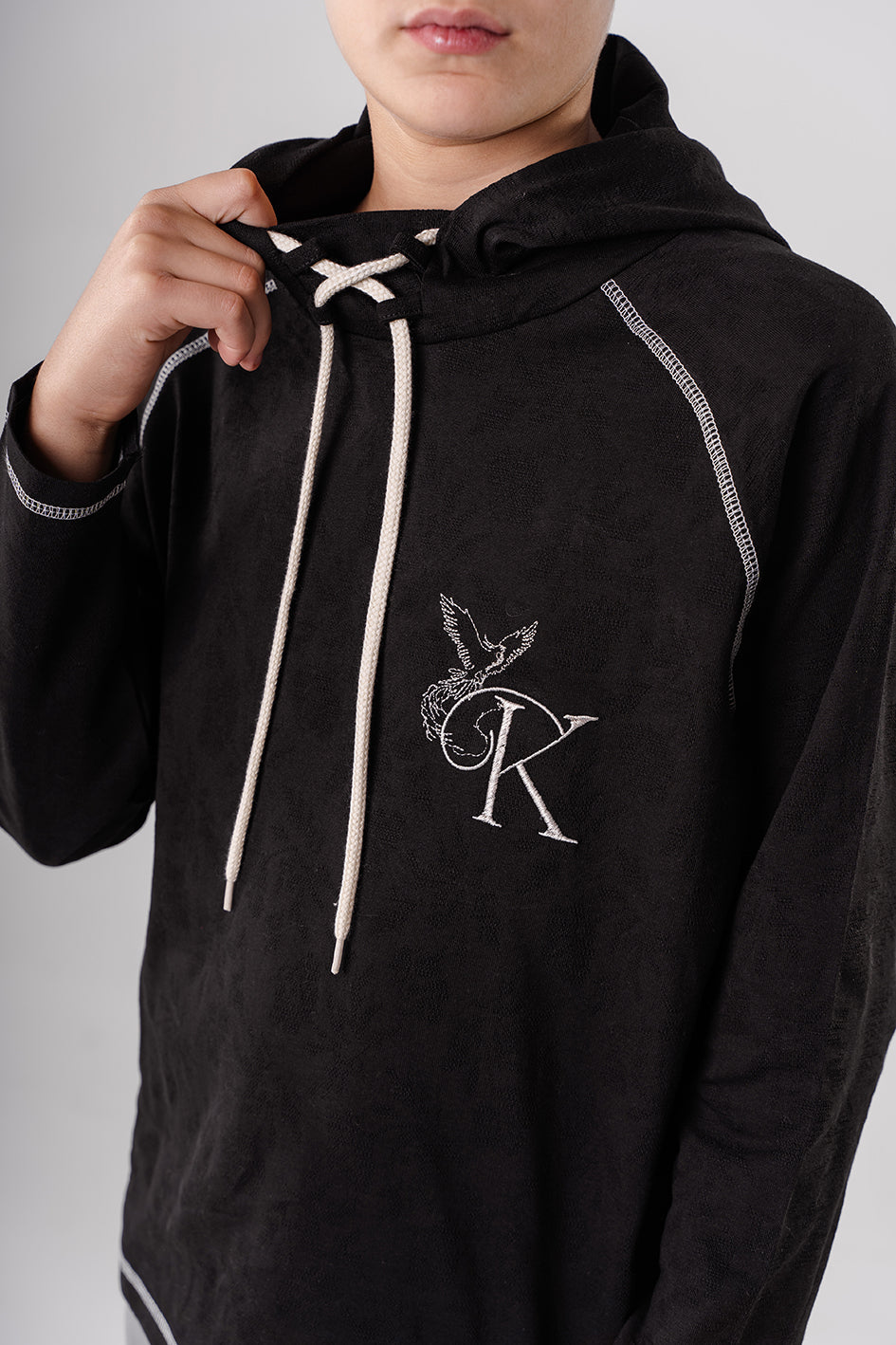 Boys Black Hooded Sweatshirt With Embroidery