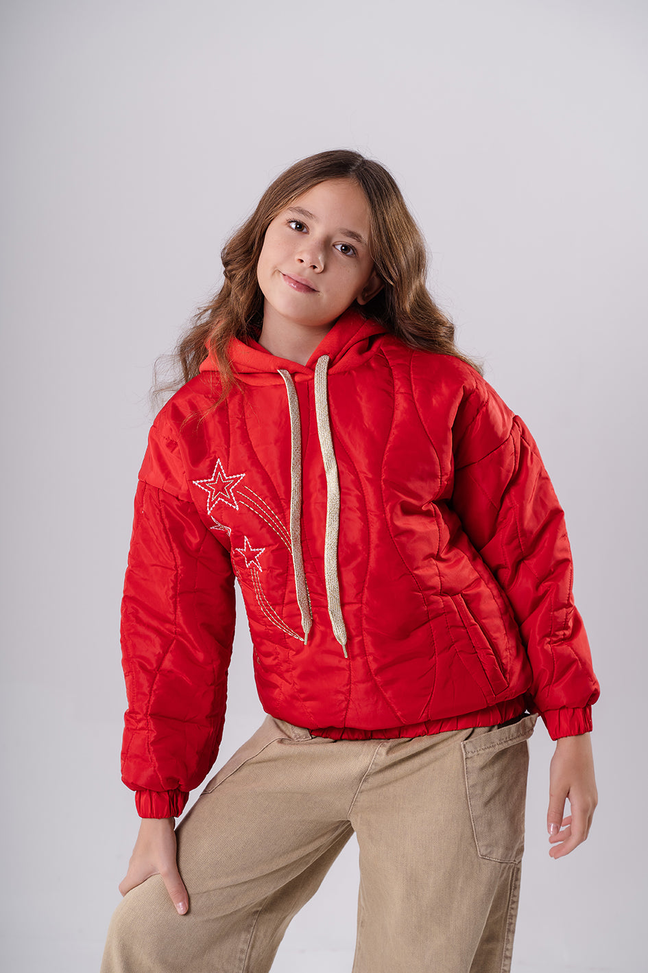 Girls Casual Red Hooded Embroidered Sweatshirt