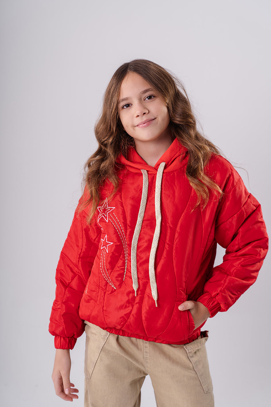 Girls Casual Red Hooded Embroidered Sweatshirt