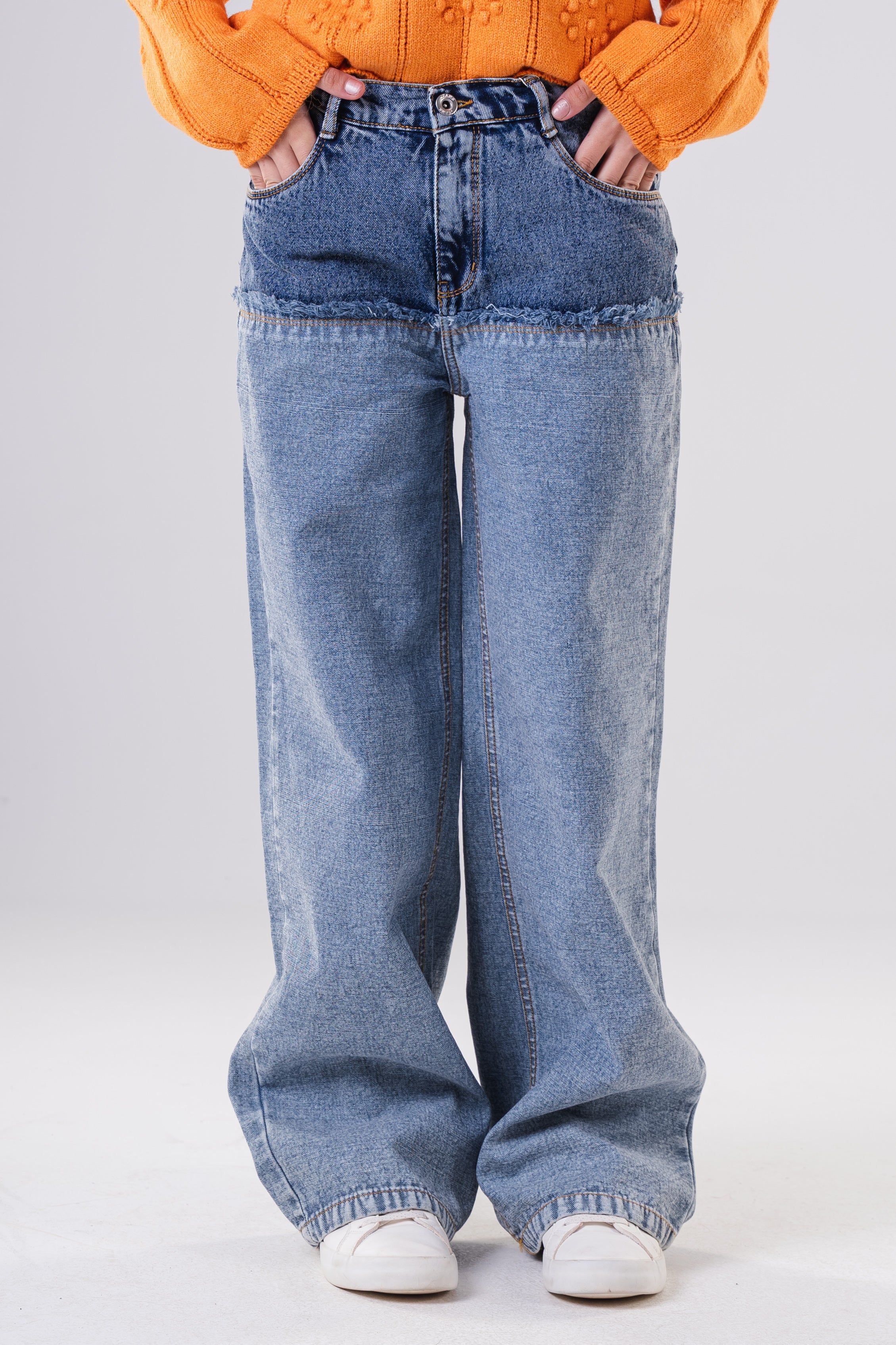 Girls Two-Tone Wide-Leg Denim Jeans