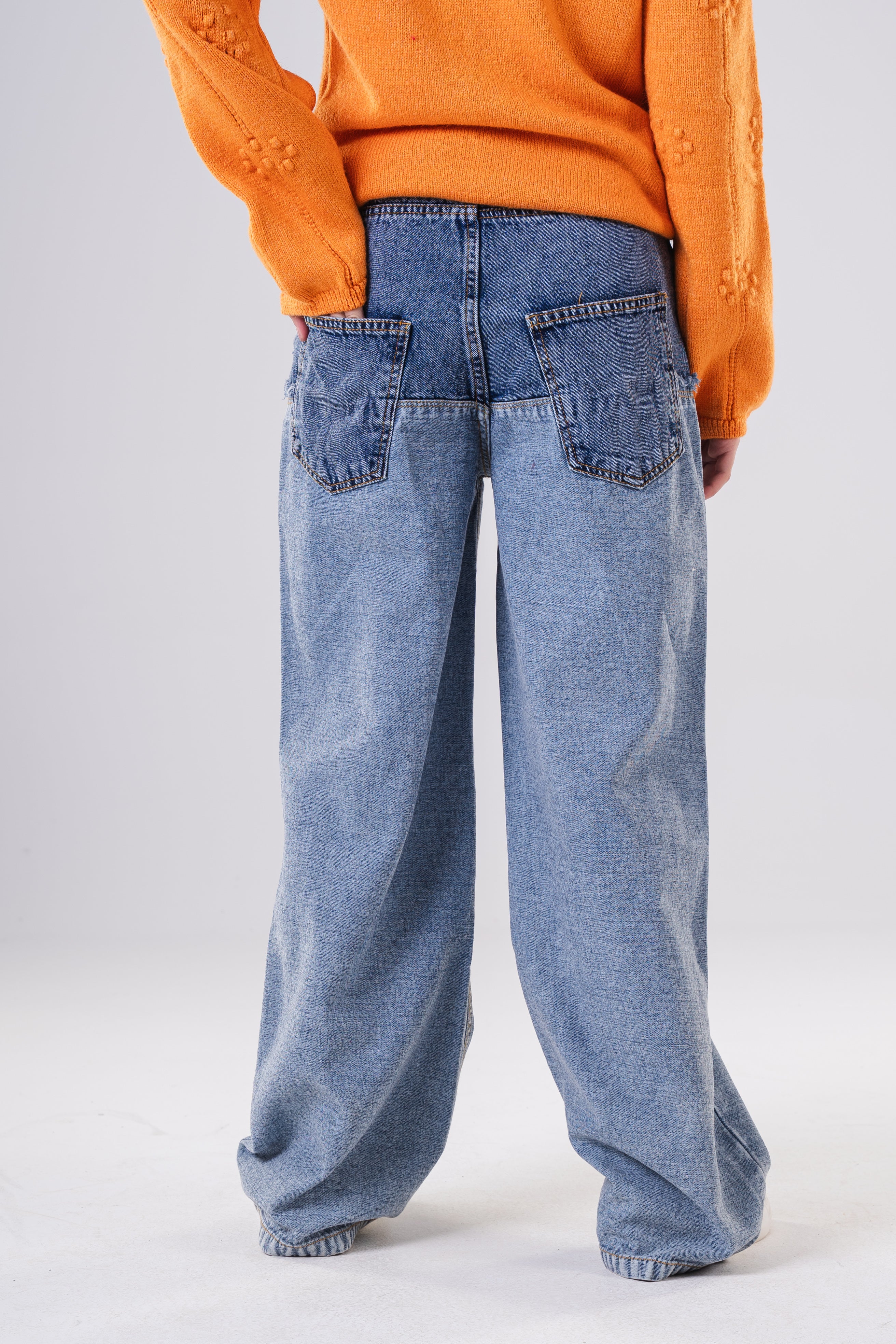 Girls Two-Tone Wide-Leg Denim Jeans