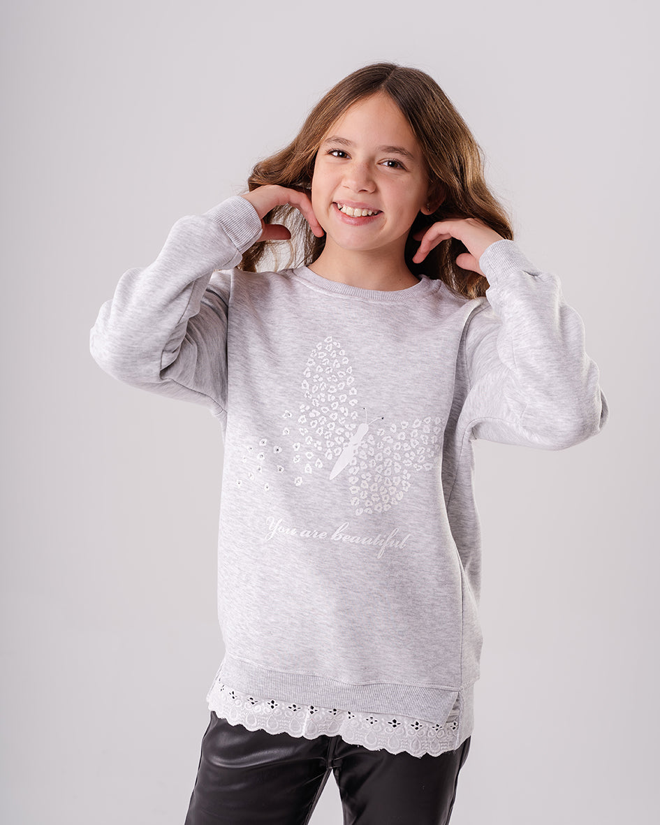 Girls Gray Printed Crewneck Sweatshirt