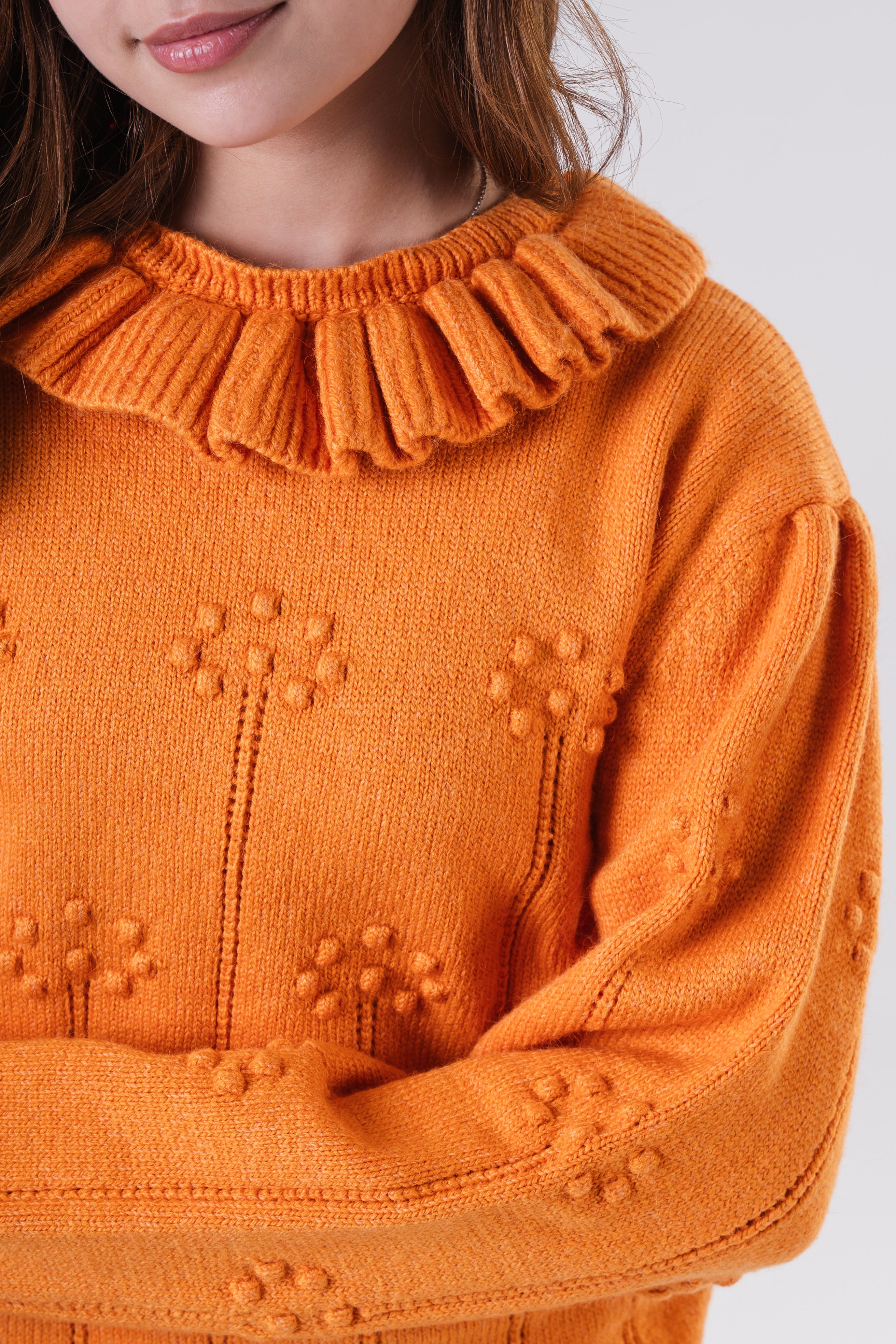 Girls Ruffled Collar Pointelle Knit Sweater
