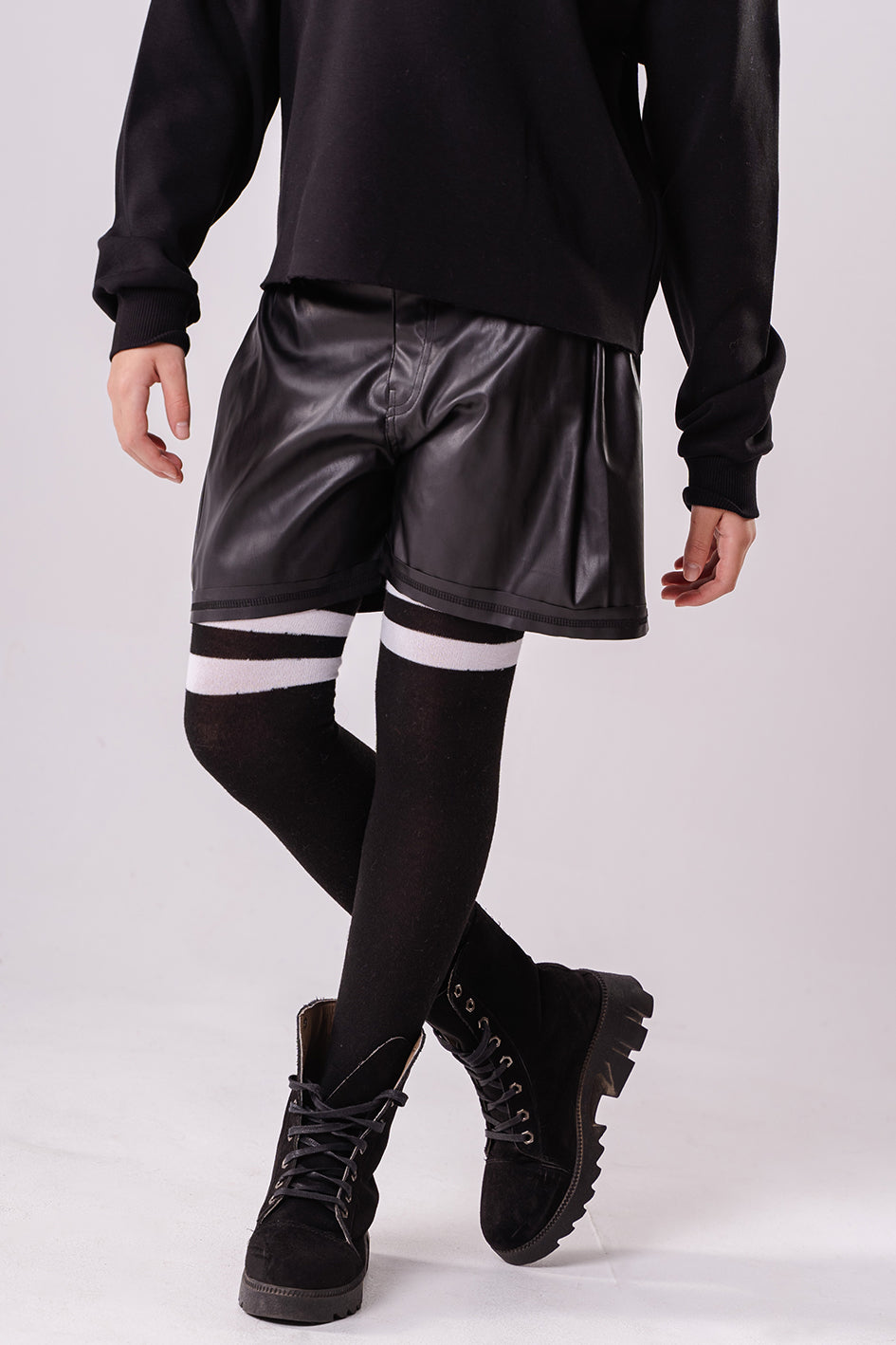 Girls Black Leather Contrast Stitch Shorts