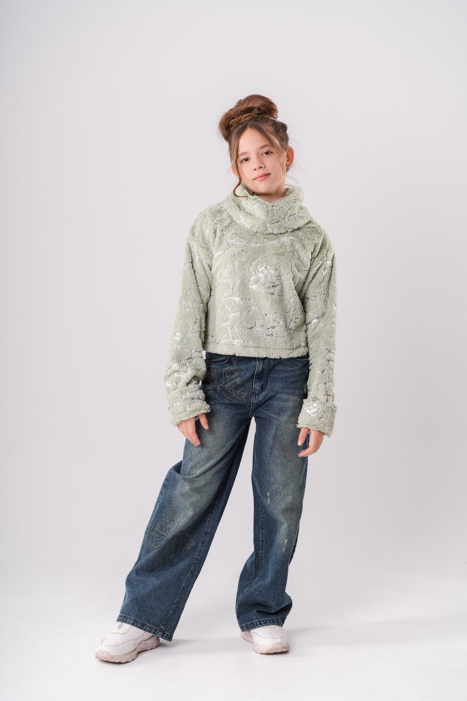 Girls Dark Wash with butterfly printing Wide Fit Jeans