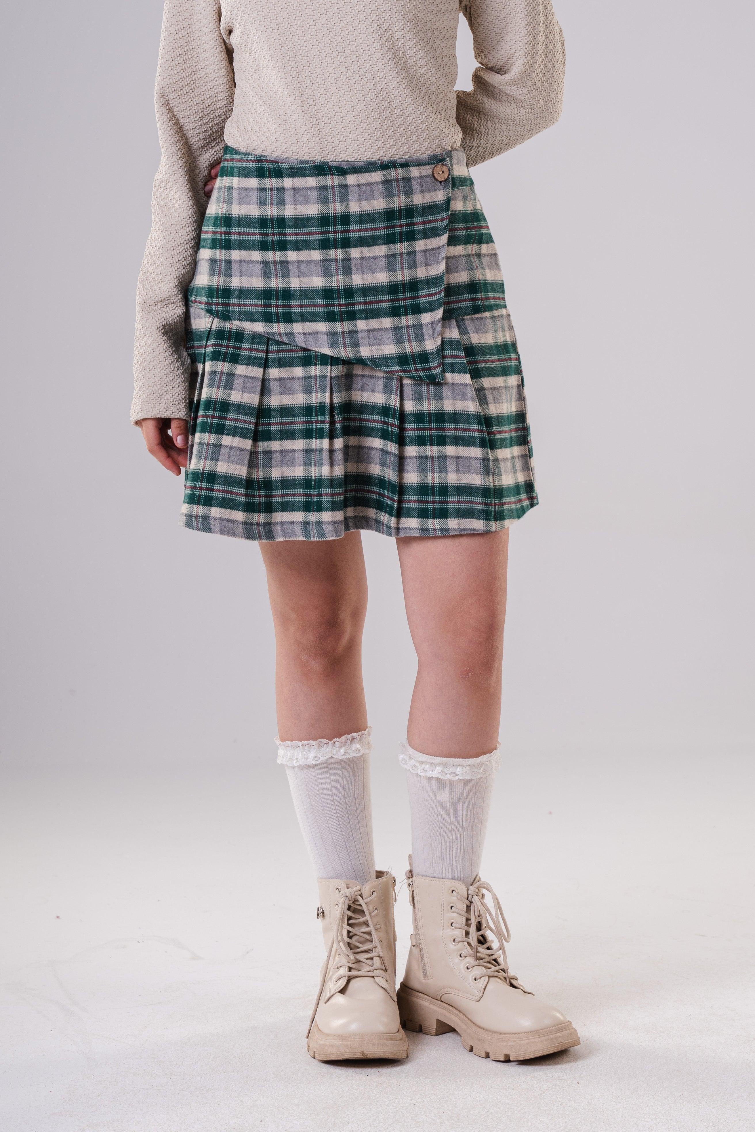Girls Plaid  Pleated Skirt with Wrap Detail