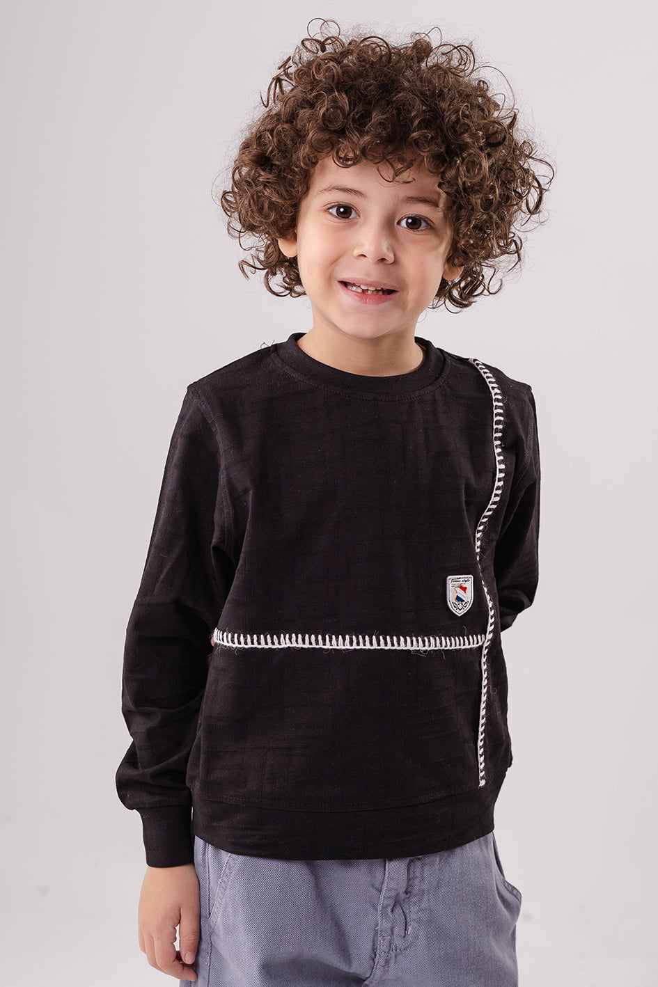 Boys Black Crew Neck Sweatshirt With Embroidery