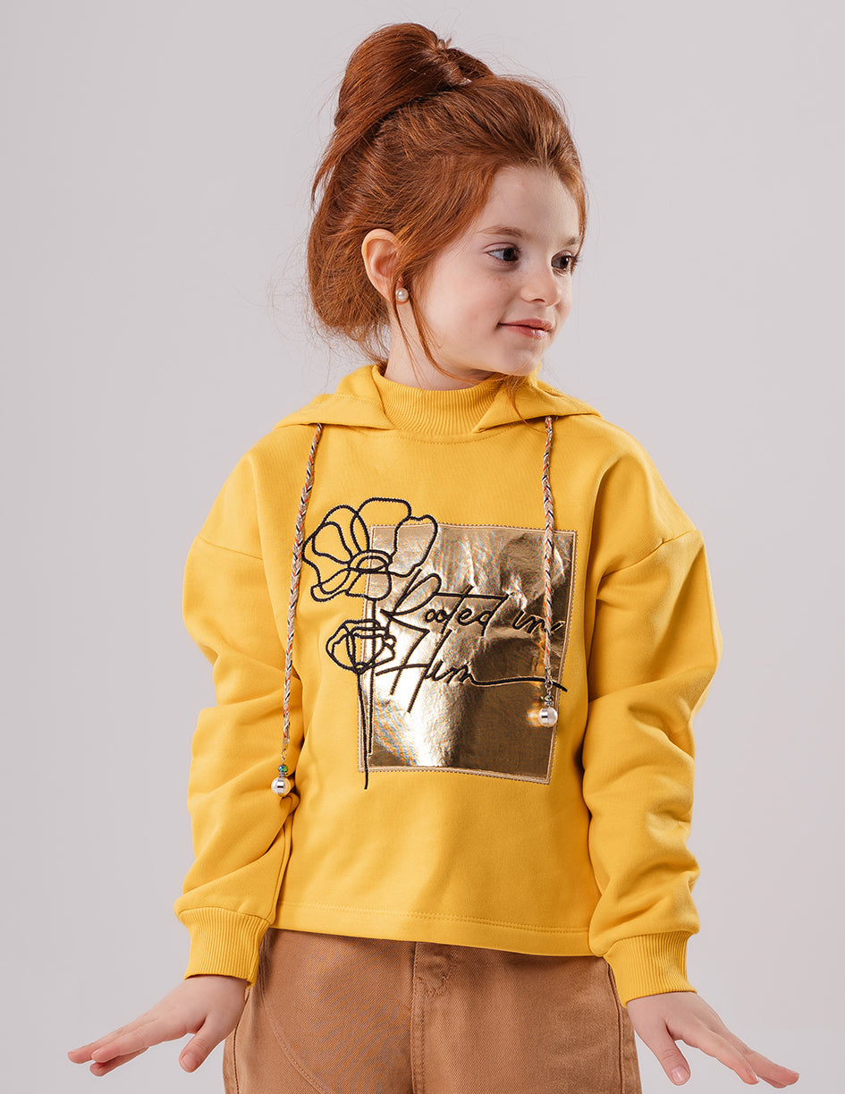 Girls Yellow Fleece Embroidered Full Sleeves Hoodie