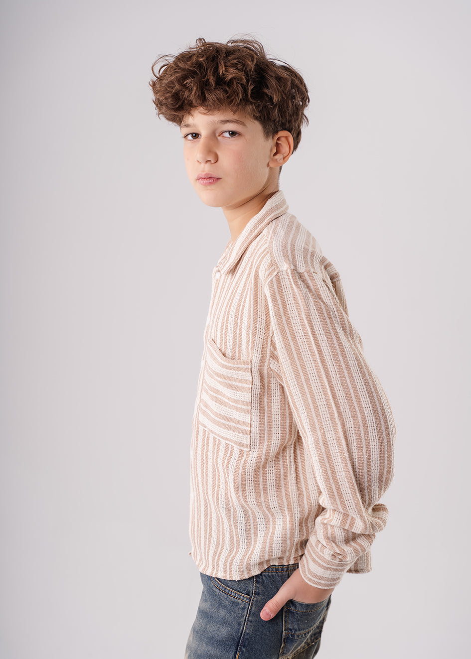 Boys Casual Beige Striped Long Sleeve Shirt