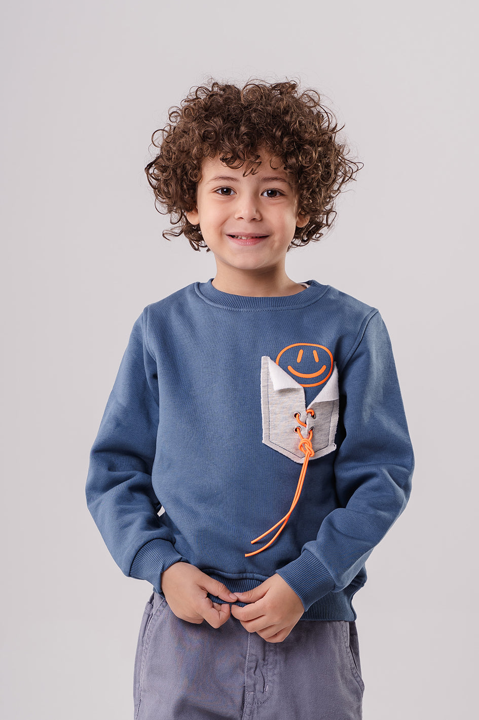 Boys Printed Dark Blue Fleece Sweatshirt With Pocket