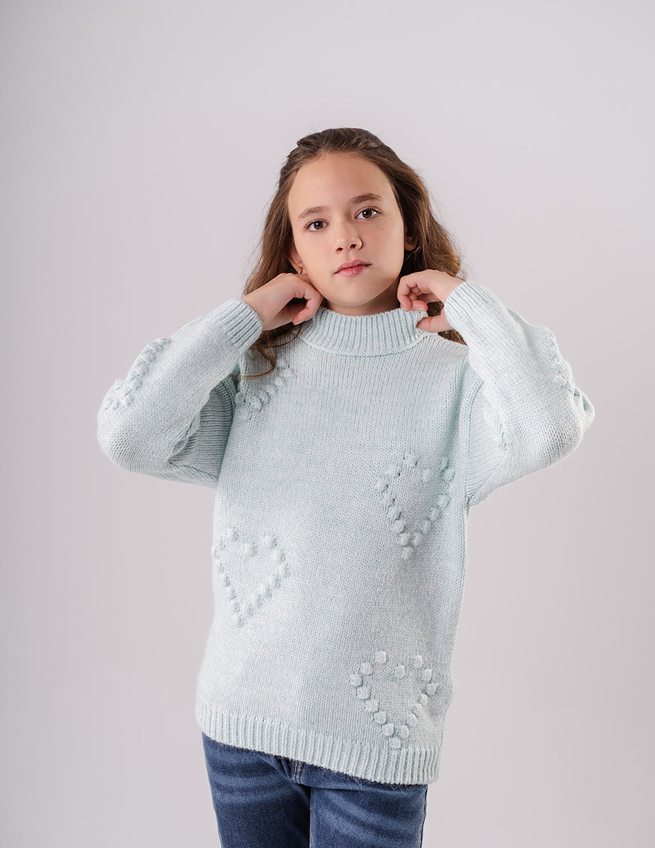 Girls Turquoise Knitted Crewneck Pullover