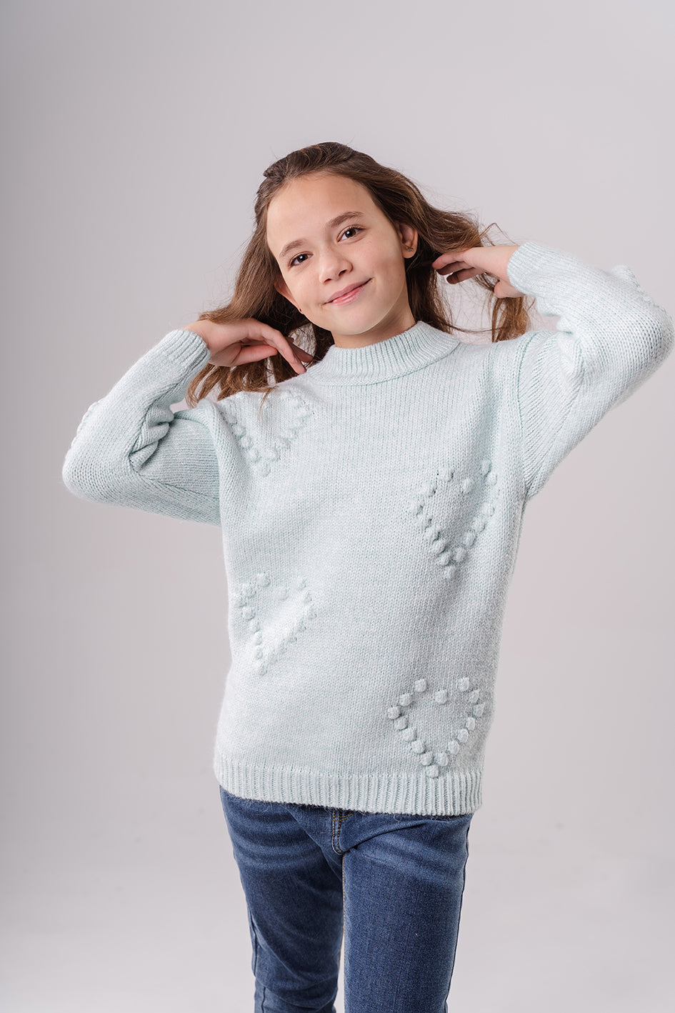 Girls Turquoise Knitted Crewneck Pullover