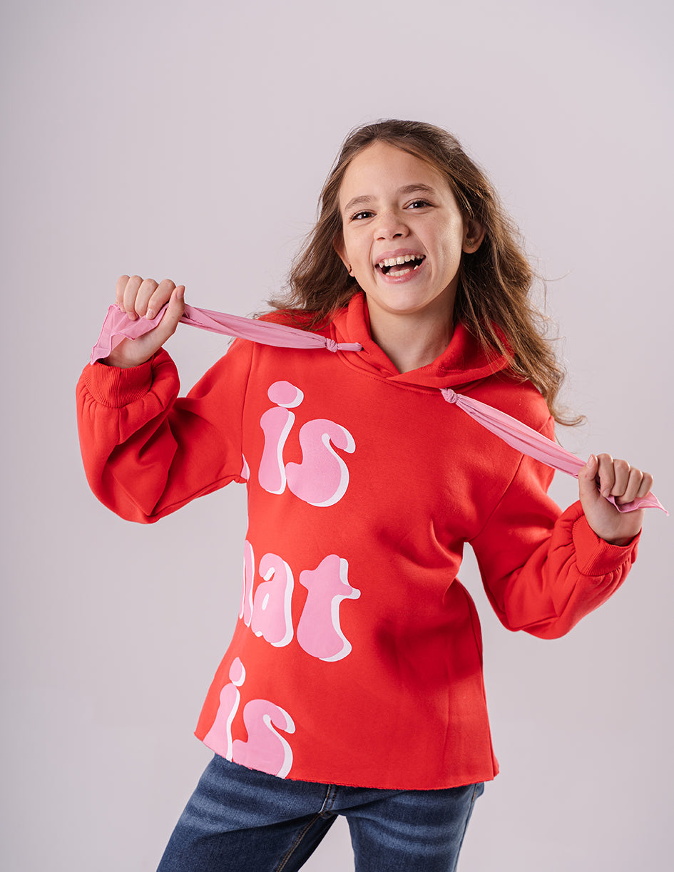 Girls Casual Printed Red Hoodie with Wide Tie