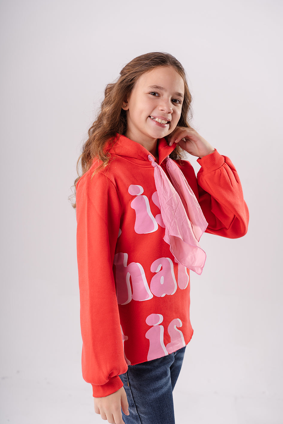 Girls Casual Printed Red Hoodie with Wide Tie