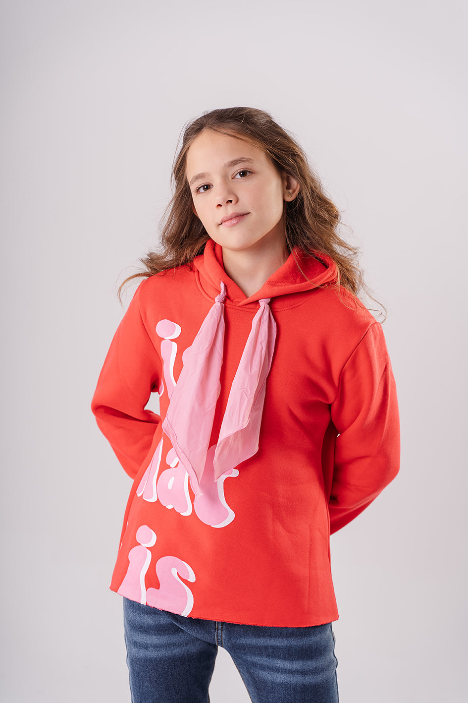 Girls Casual Printed Red Hoodie with Wide Tie