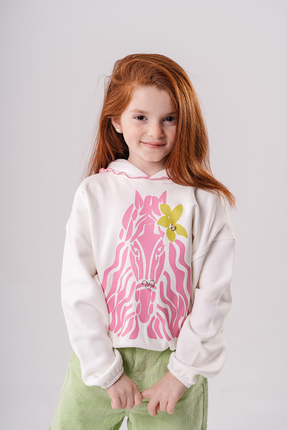 Girls White Cotton Printed Full Sleeves Hoodie