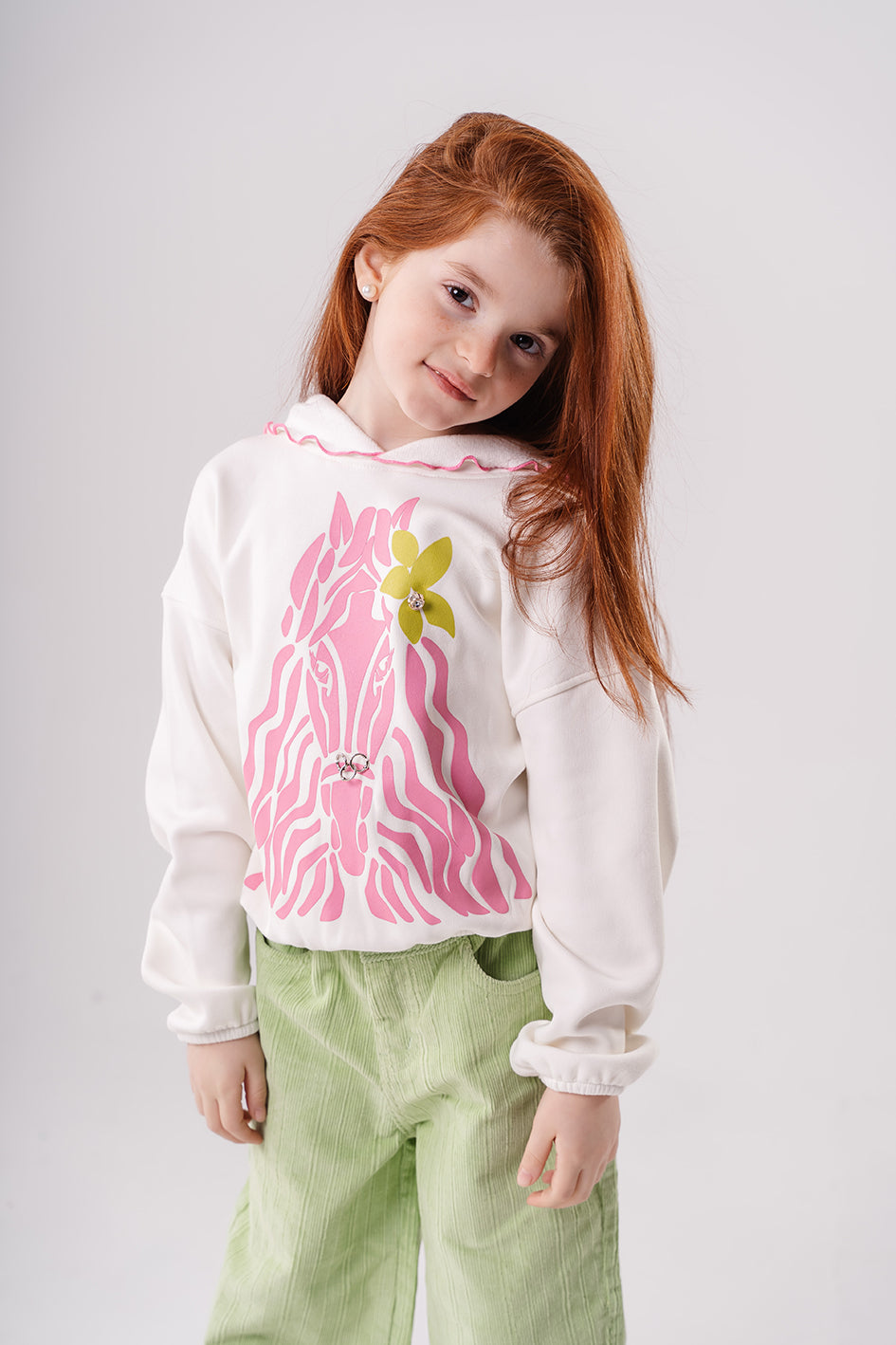 Girls White Cotton Printed Full Sleeves Hoodie