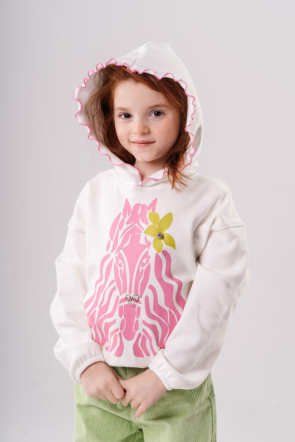 Girls White Cotton Printed Full Sleeves Hoodie