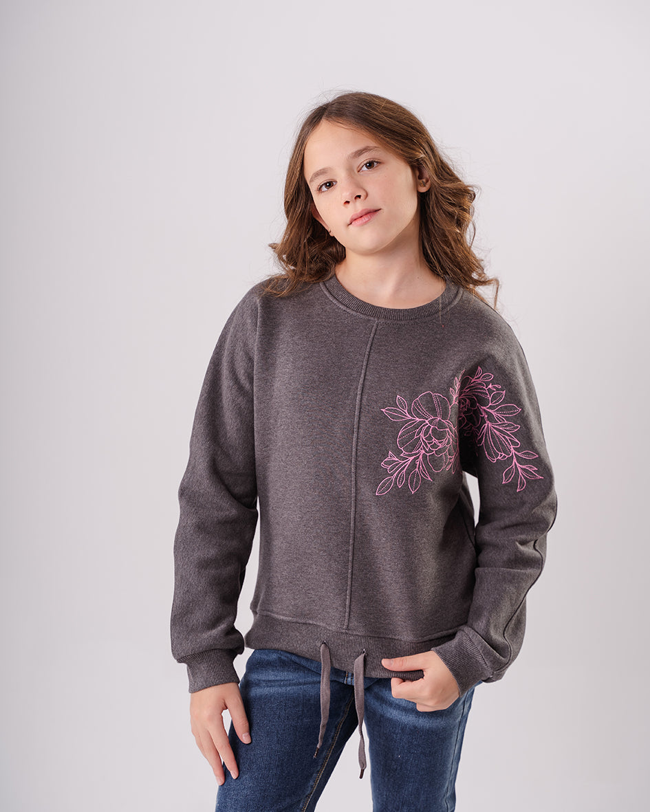 Girls Charcoal Fleece Embroidered Full Sleeves Sweatshirt