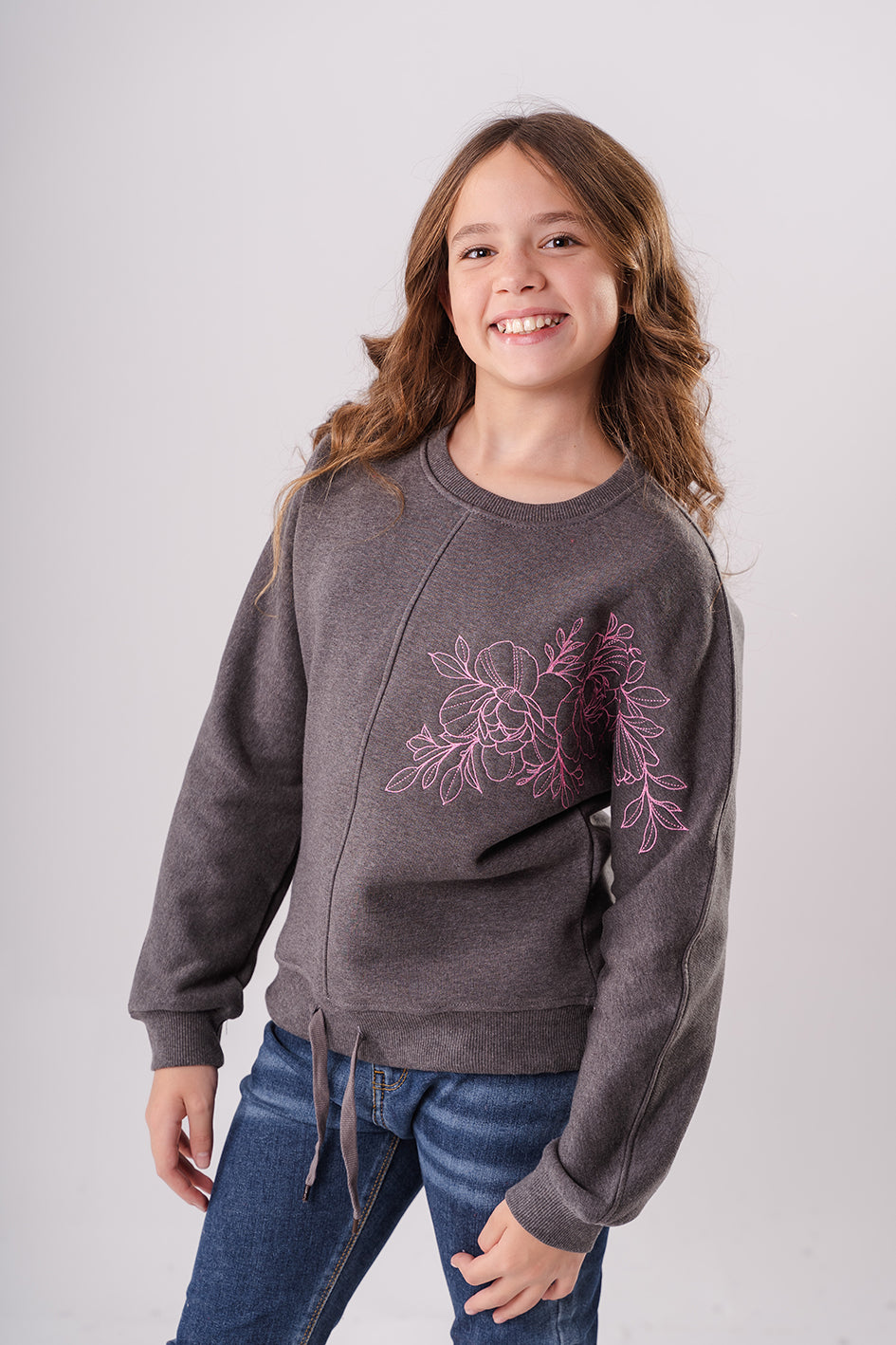 Girls Charcoal Fleece Embroidered Full Sleeves Sweatshirt