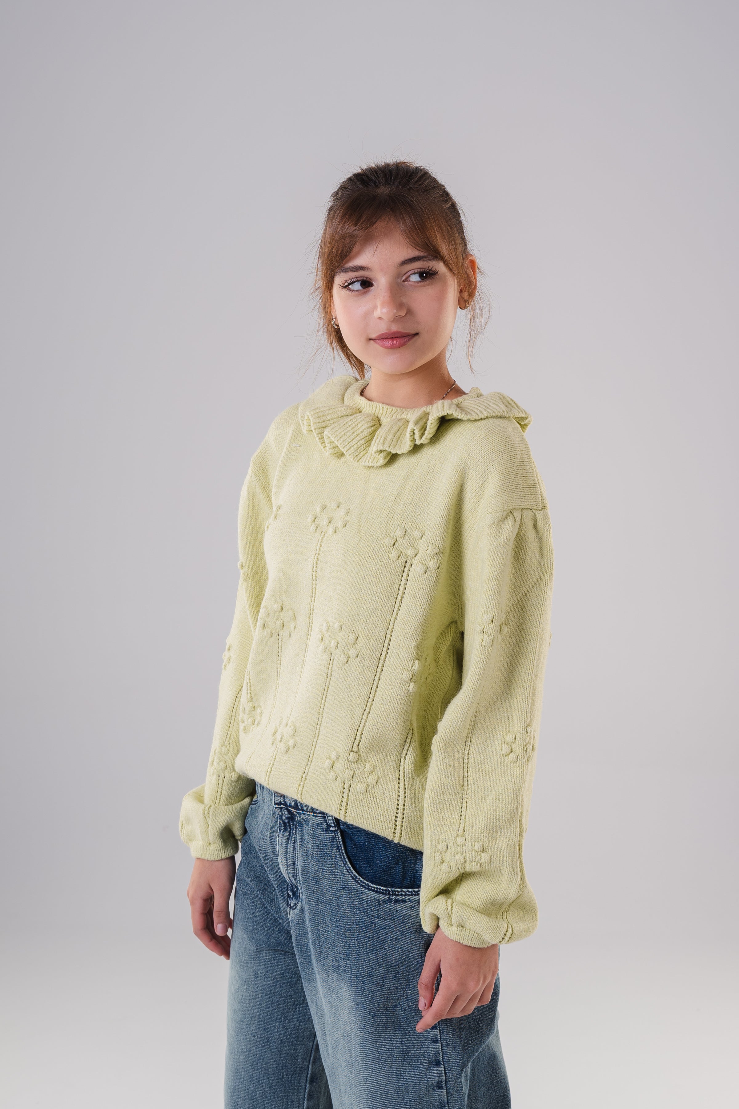 Girls Ruffled Collar Pointelle Knit Sweater