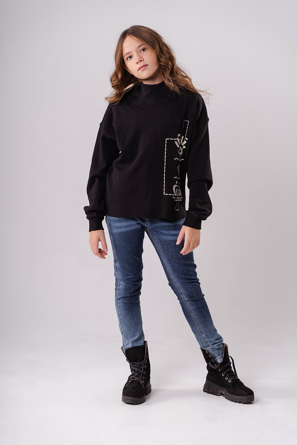 Girls Black Cotton With White Print Full Sleeves Hoodie