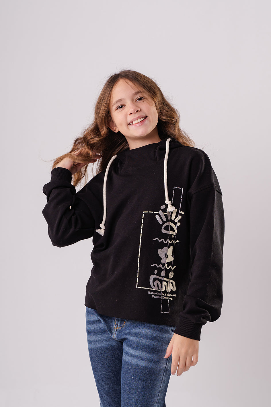 Girls Black Cotton With White Print Full Sleeves Hoodie