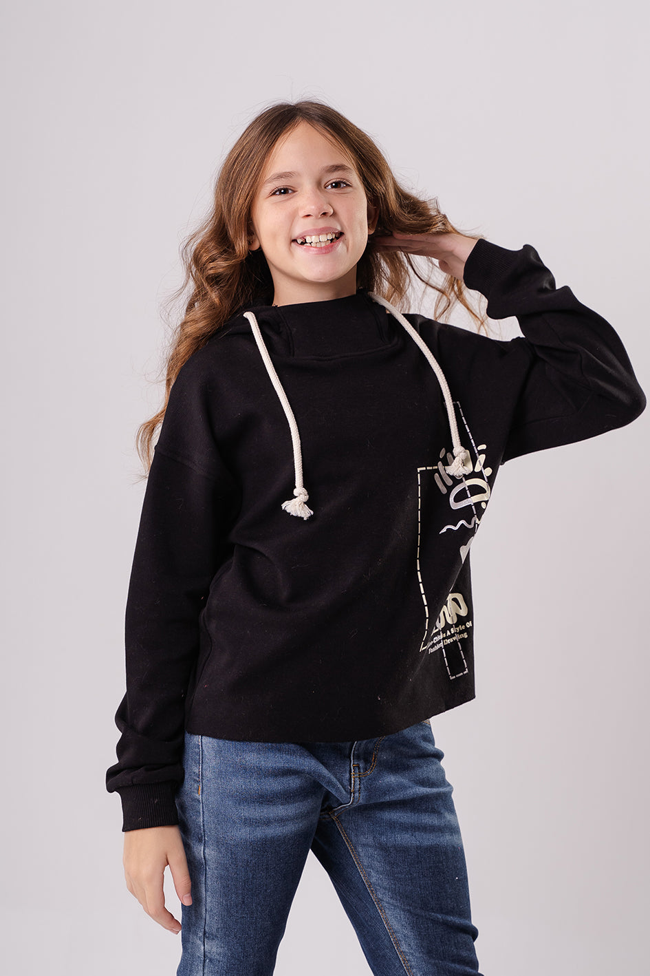 Girls Black Cotton With White Print Full Sleeves Hoodie