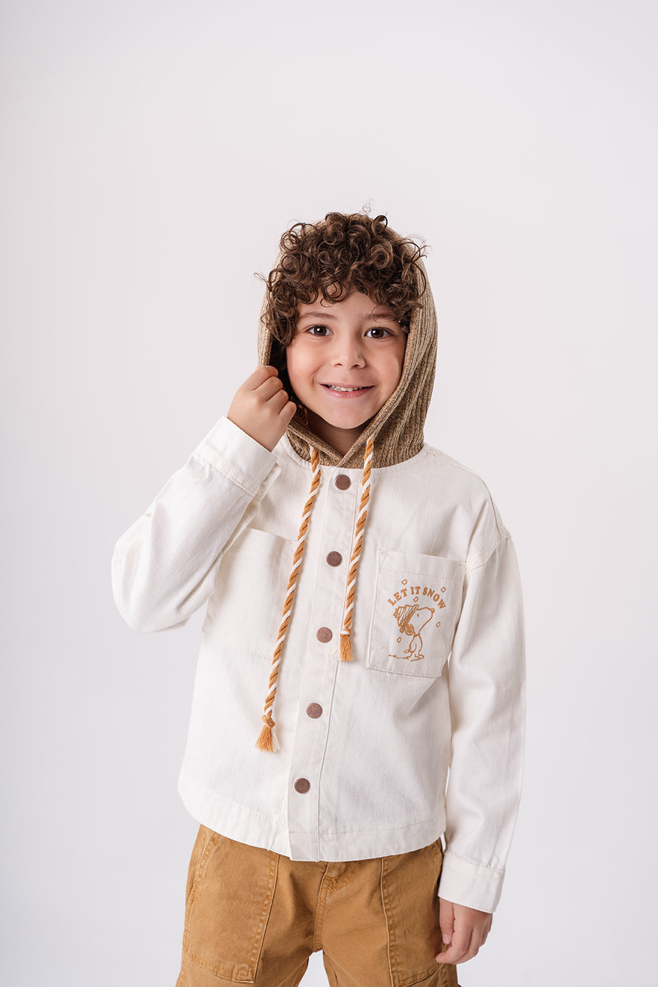 Boys Off White Linen Printed Jacket