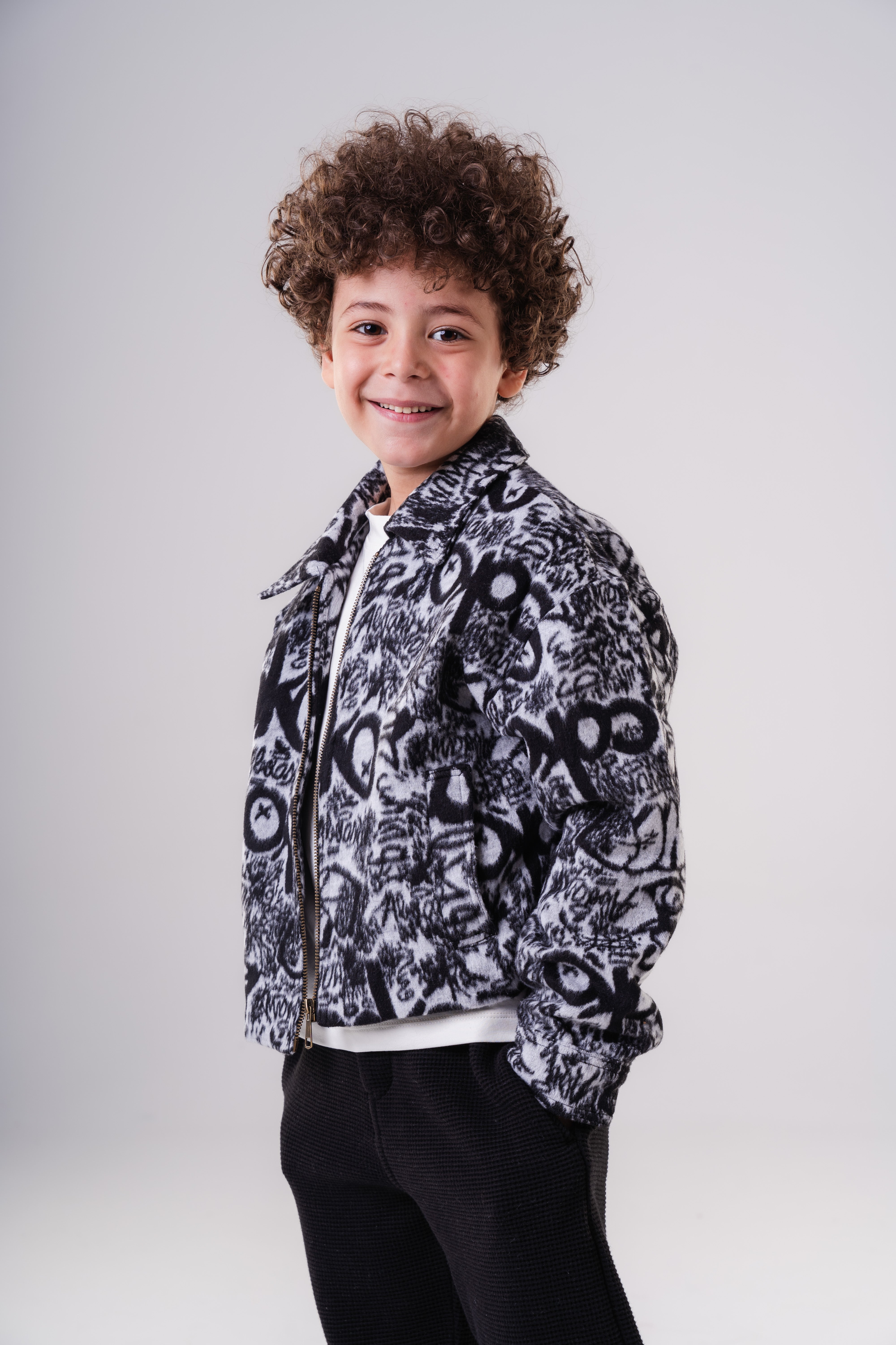 Boy's Fuzzy Zip Jacket with Allover Graphic Print