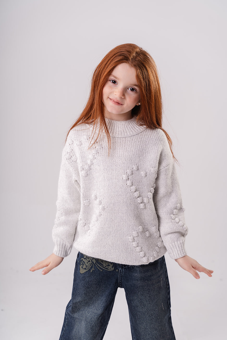 Girls Gray Knitted Crewneck Pullover