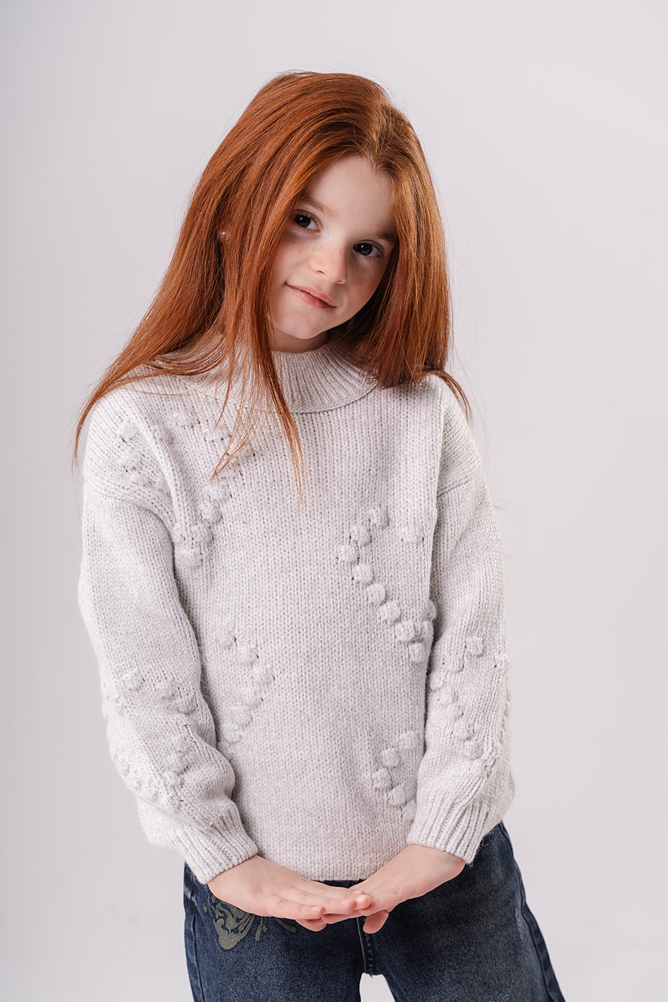 Girls Gray Knitted Crewneck Pullover