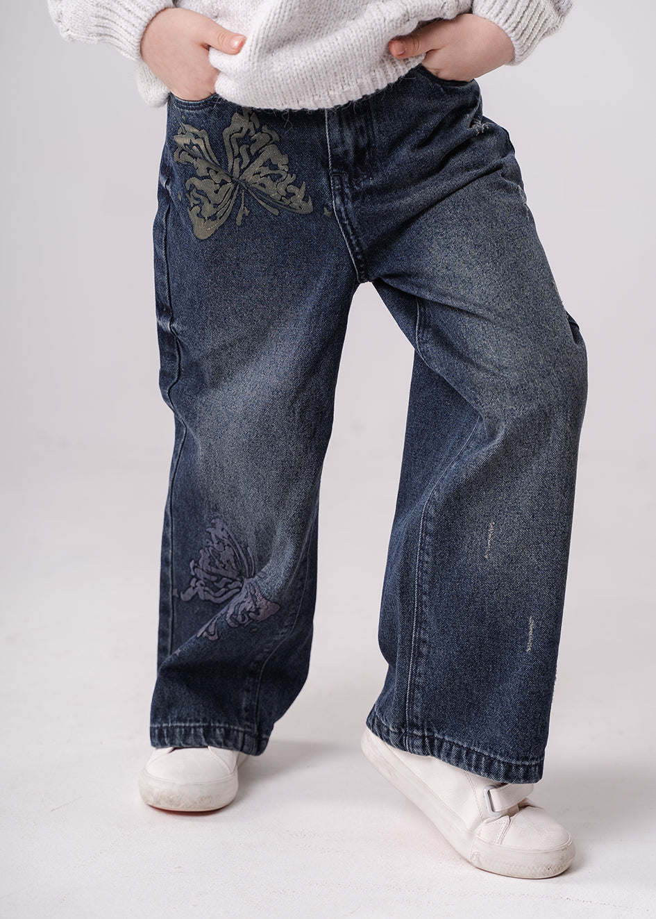 Girls Dark Blue with butterfly printing Wide Fit Jeans