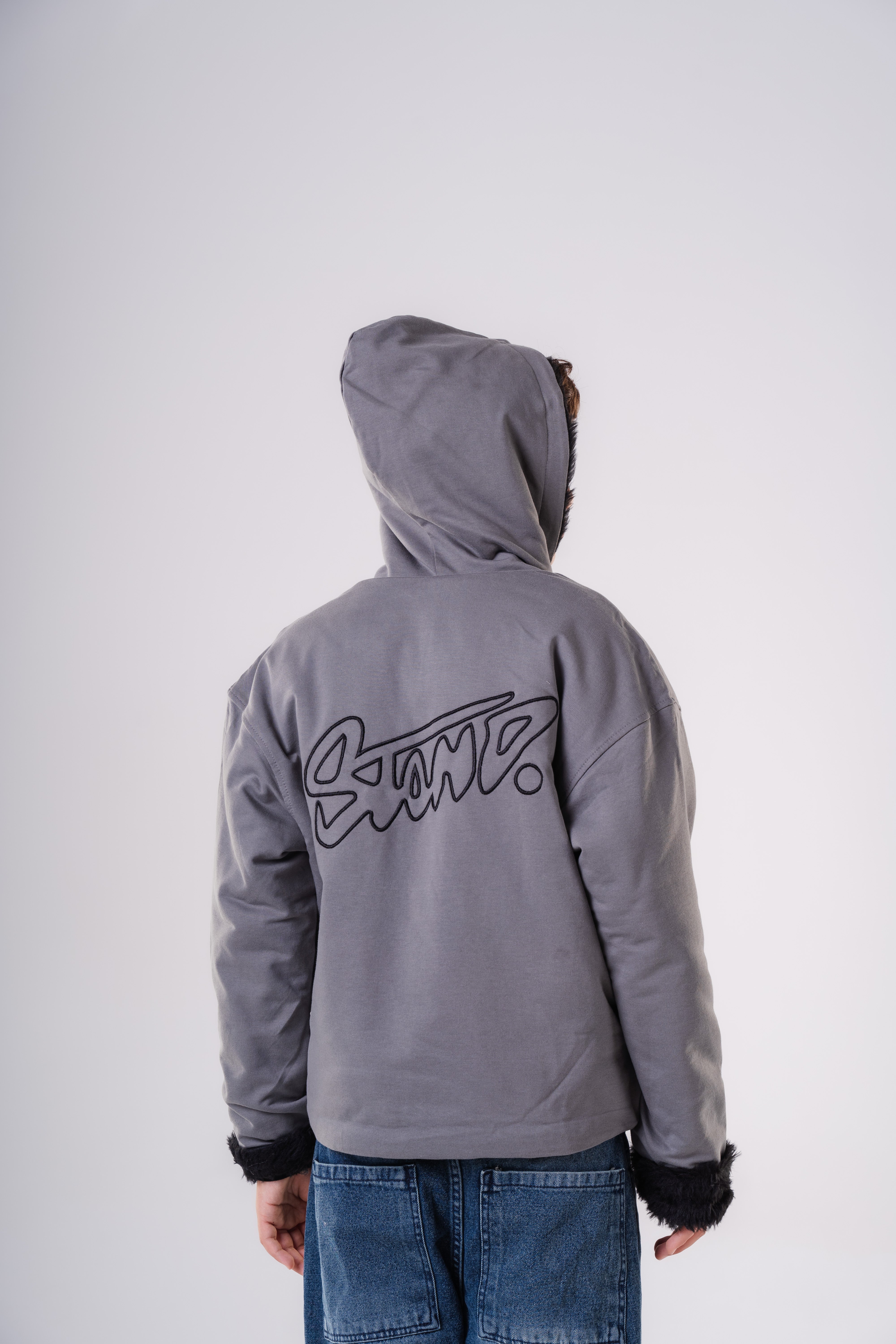 Padded Bomber Jacket with Hood and Fur Details