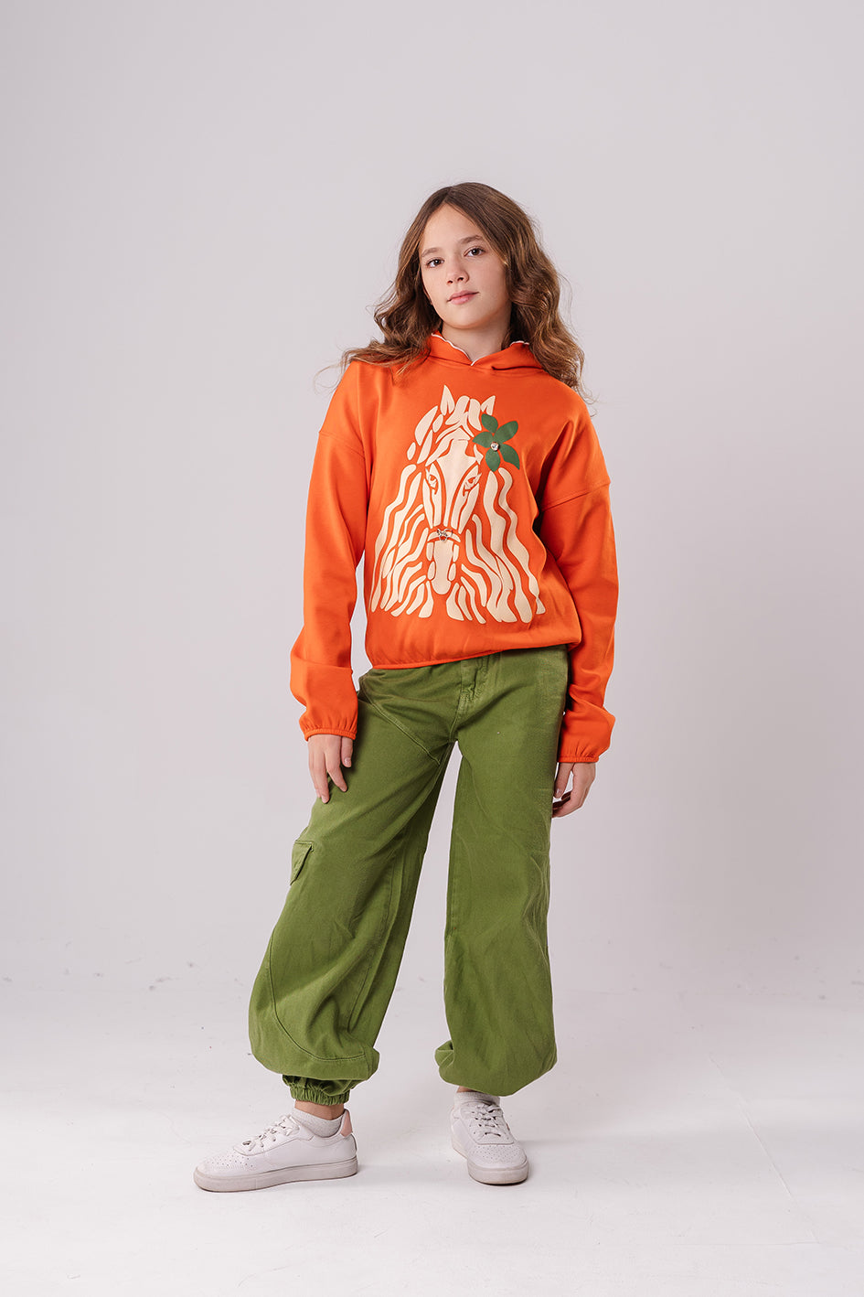 Girls Orange Cotton Printed Full Sleeves Hoodie