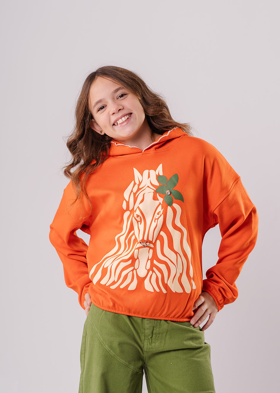 Girls Orange Cotton Printed Full Sleeves Hoodie