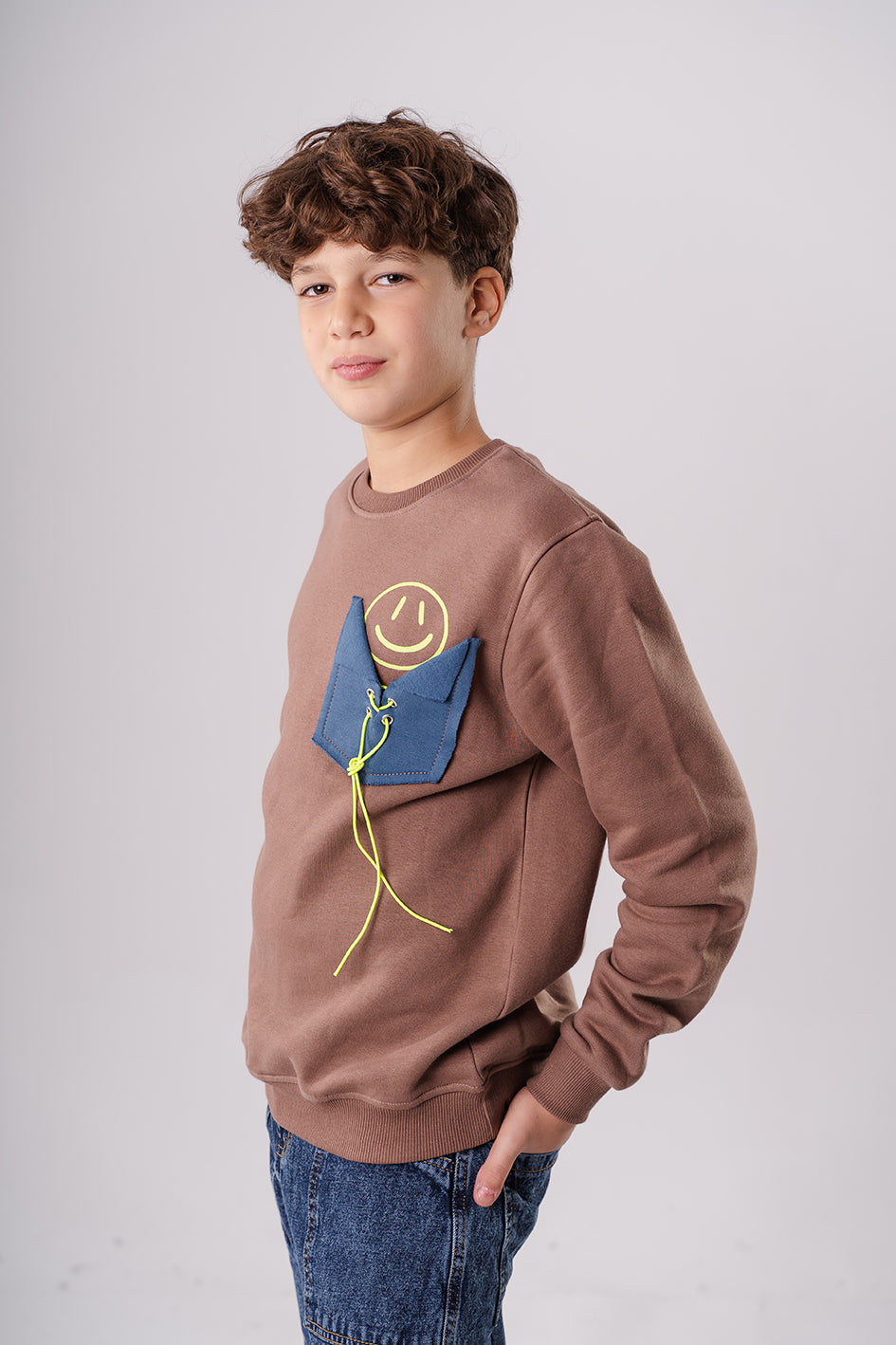 Boys Printed Brown Fleece Sweatshirt With Pocket