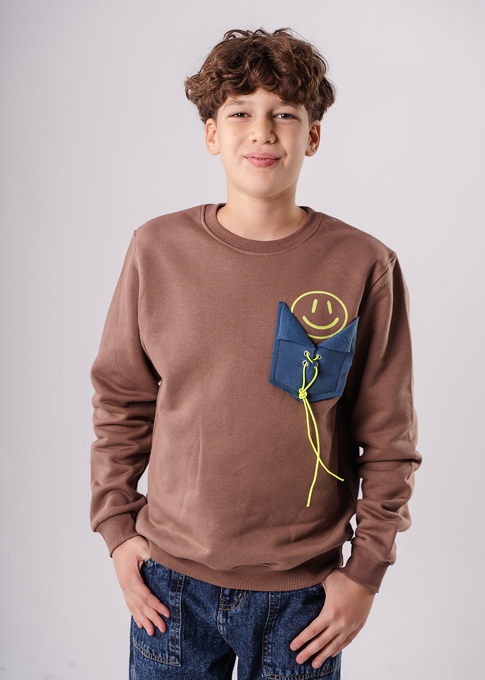 Boys Printed Brown Fleece Sweatshirt With Pocket