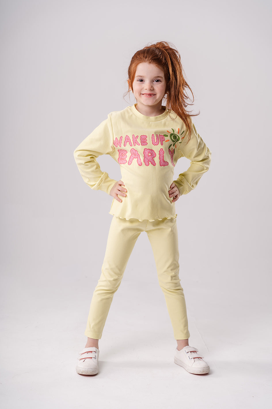 Girls Yellow Cotton Pajama With Print