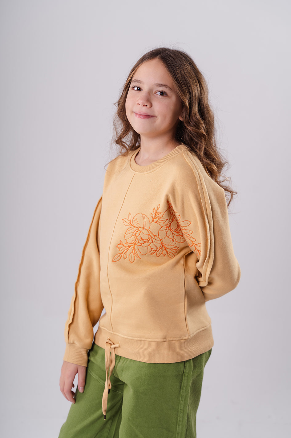 Girls Beige Fleece Embroidered Full Sleeves Sweatshirt