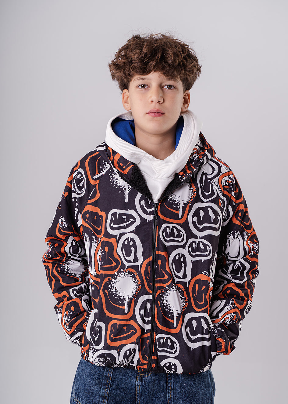 Boys Orange Smiley Face Print Jacket