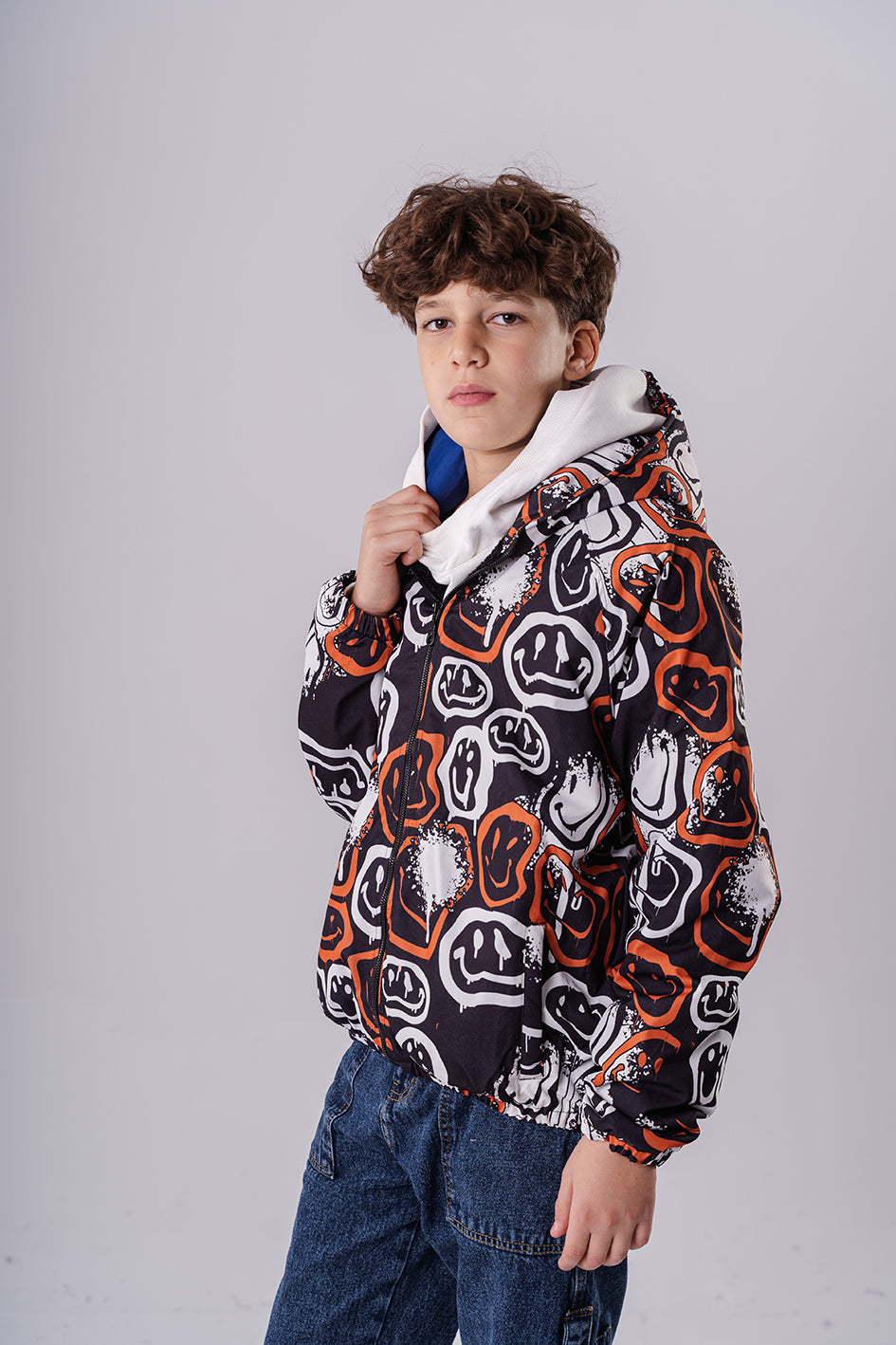 Boys Orange Smiley Face Print Jacket