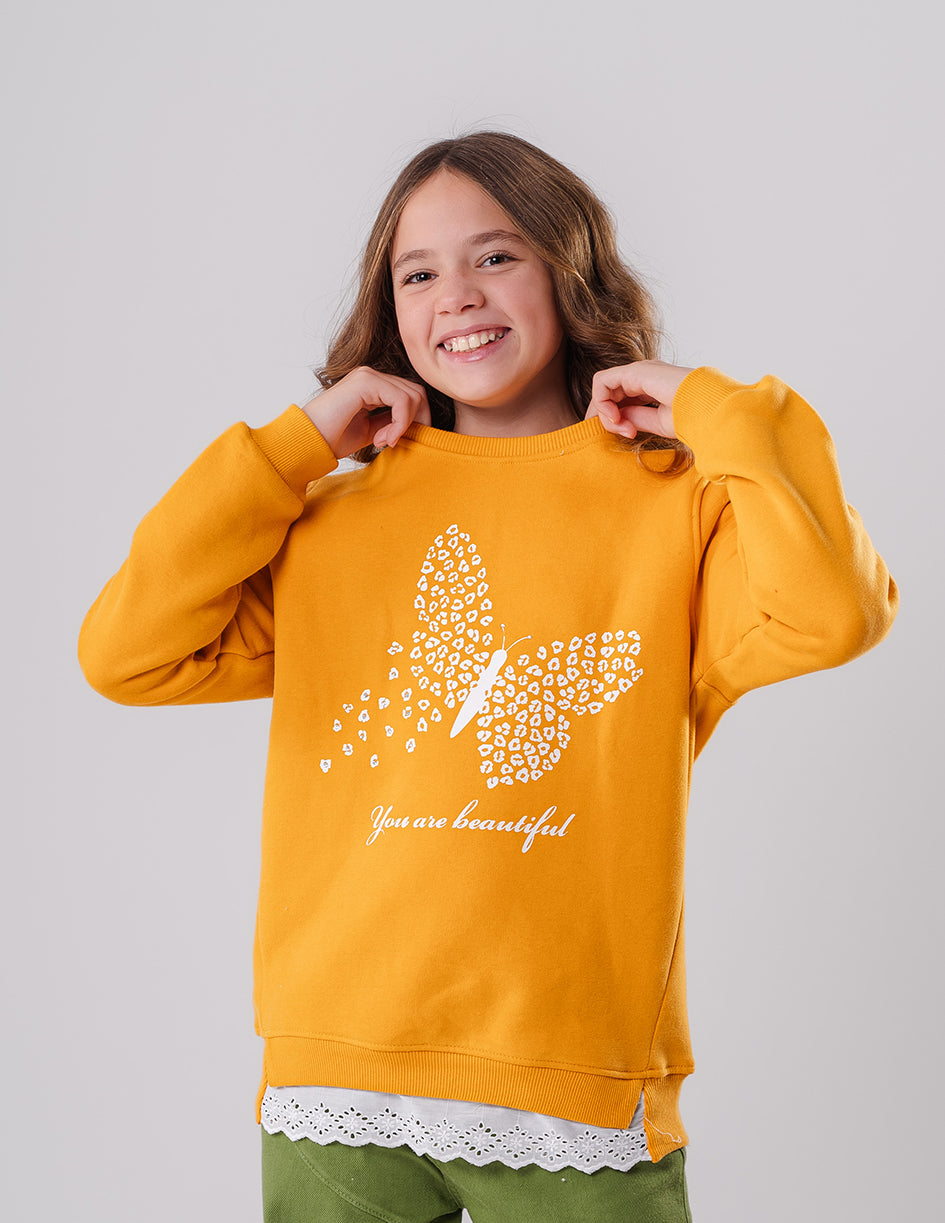 Girls Dark Yellow Printed Crewneck Sweatshirt