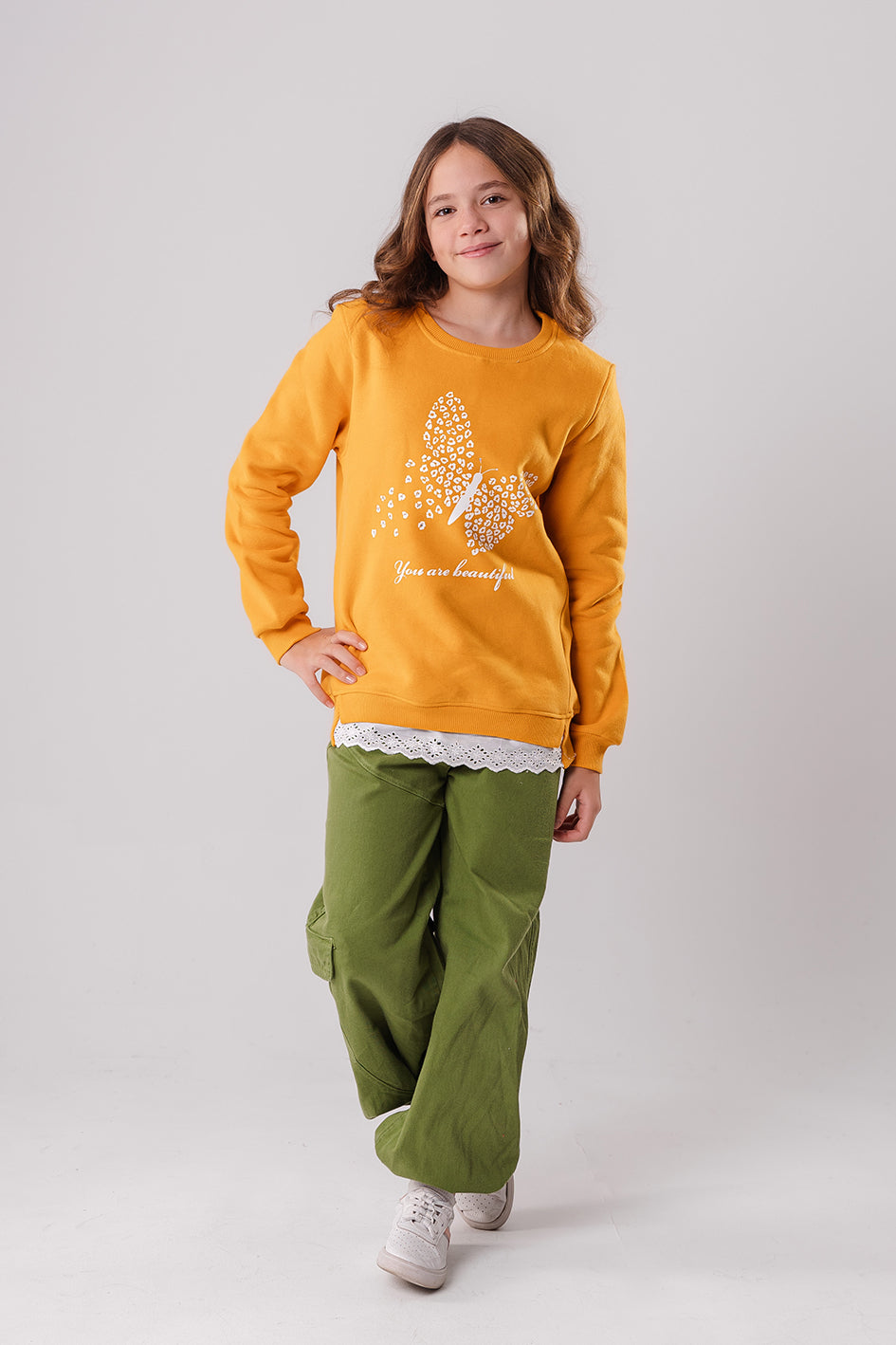 Girls Dark Yellow Printed Crewneck Sweatshirt