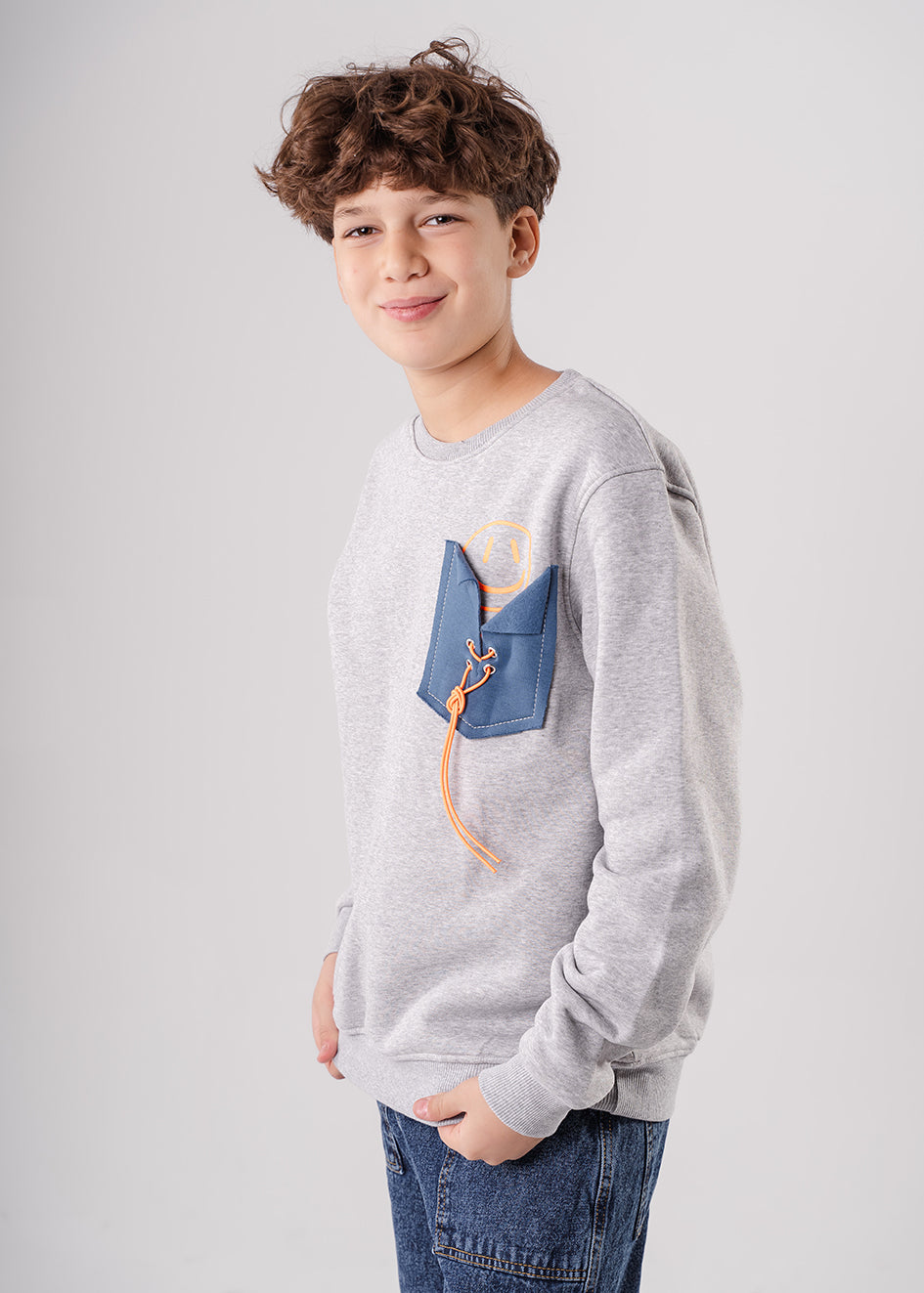 Boys Printed Gray Fleece Sweatshirt With Pocket