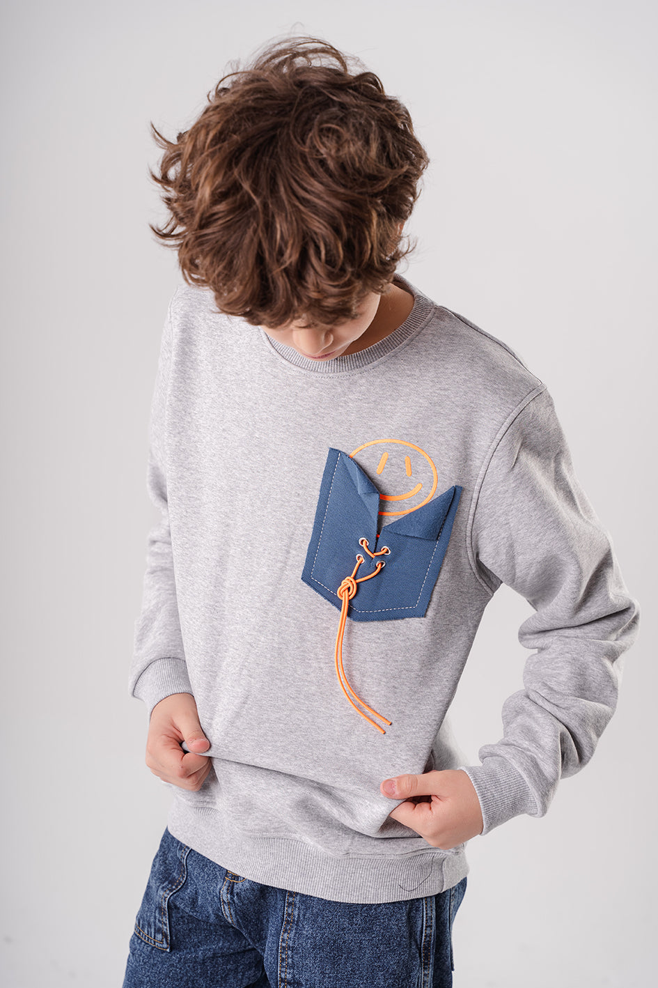 Boys Printed Gray Fleece Sweatshirt With Pocket