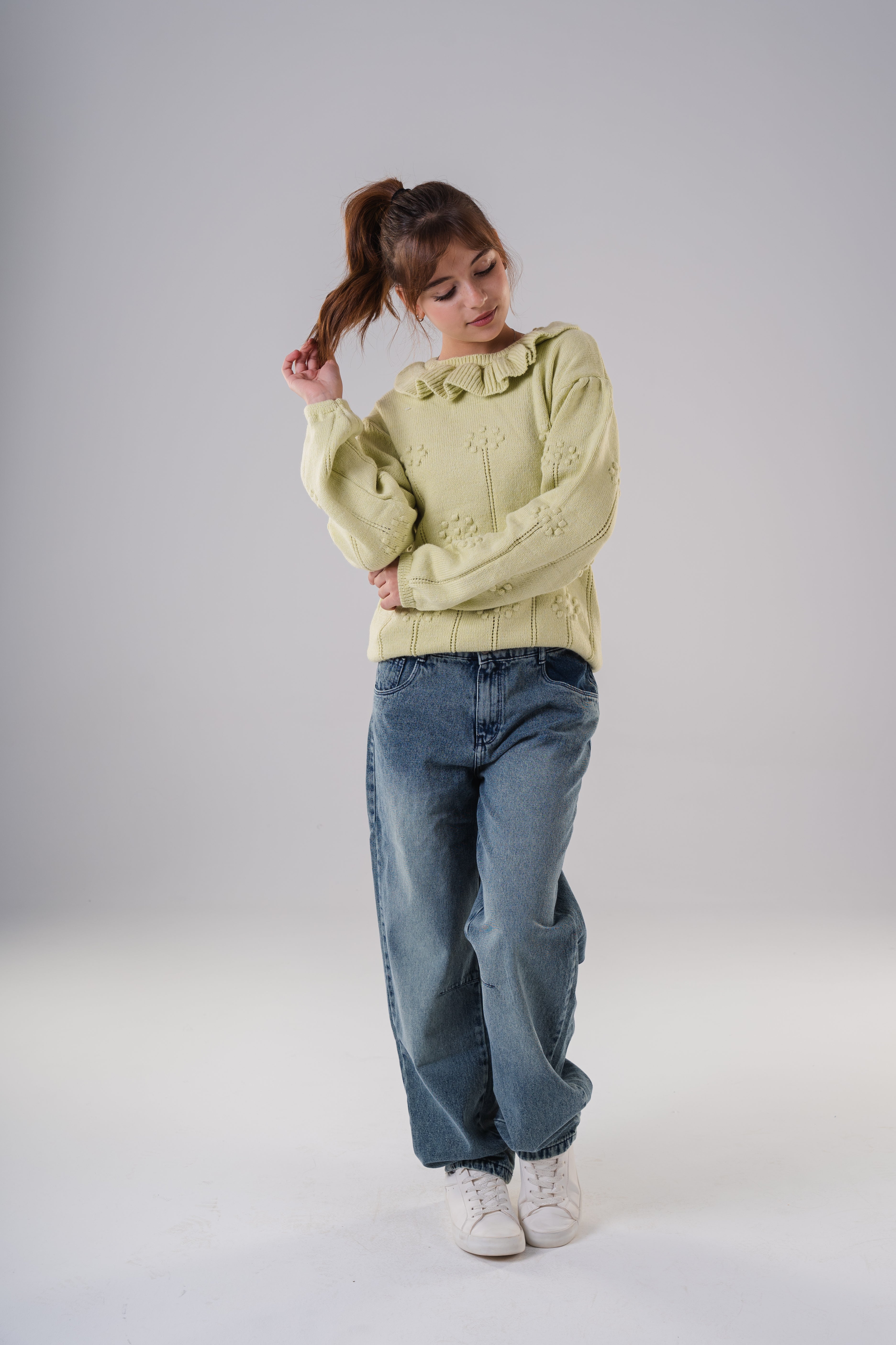 Girls Ruffled Collar Pointelle Knit Sweater